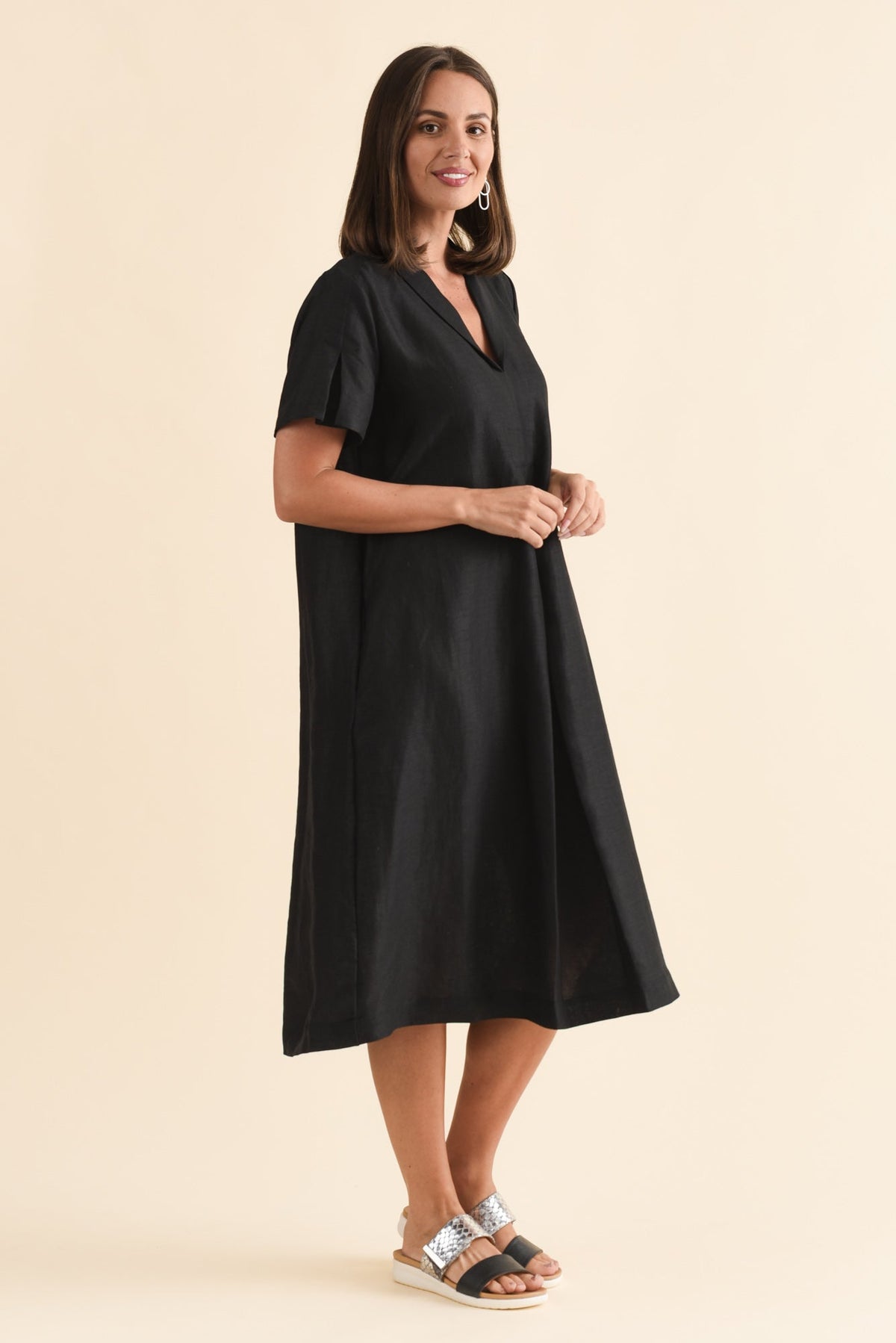 Miranda Black Linen Collared Dress Back View