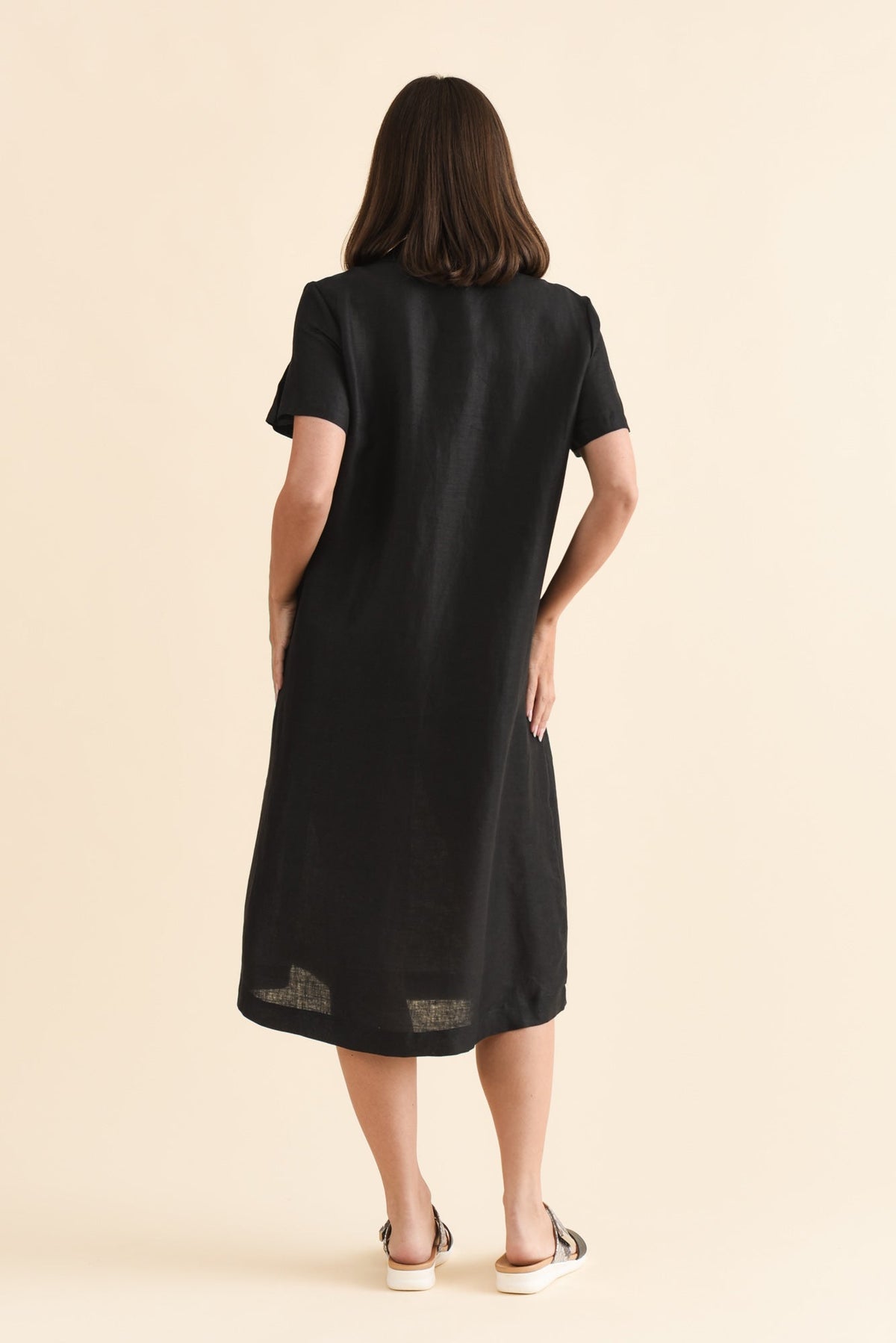 Miranda Black Linen Collared Dress Side View