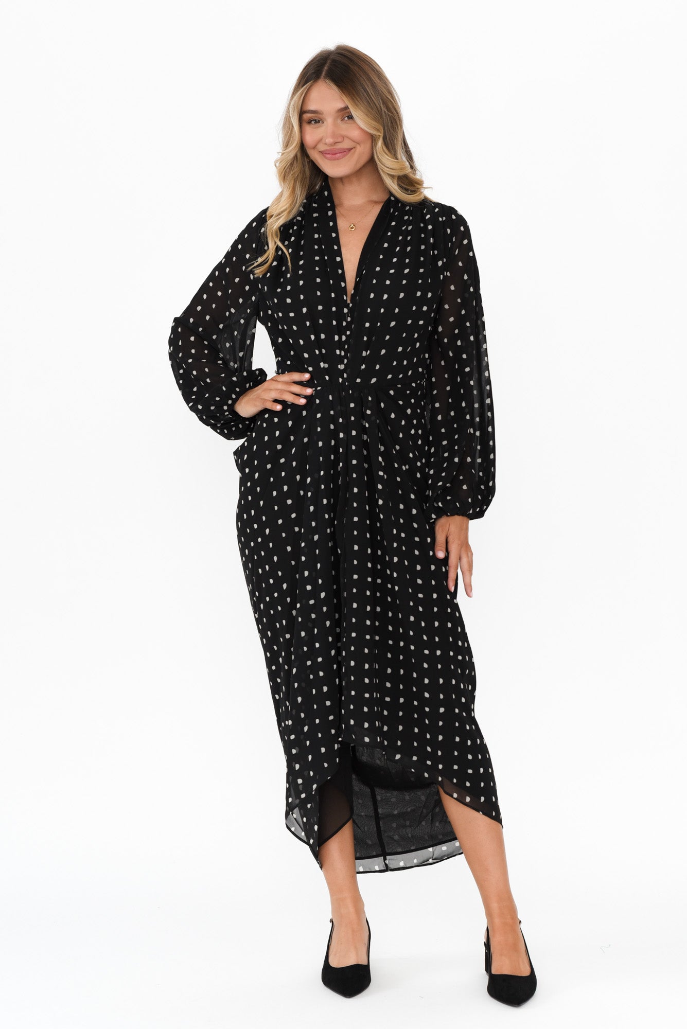 Mona Black Spot Dress Front View 2