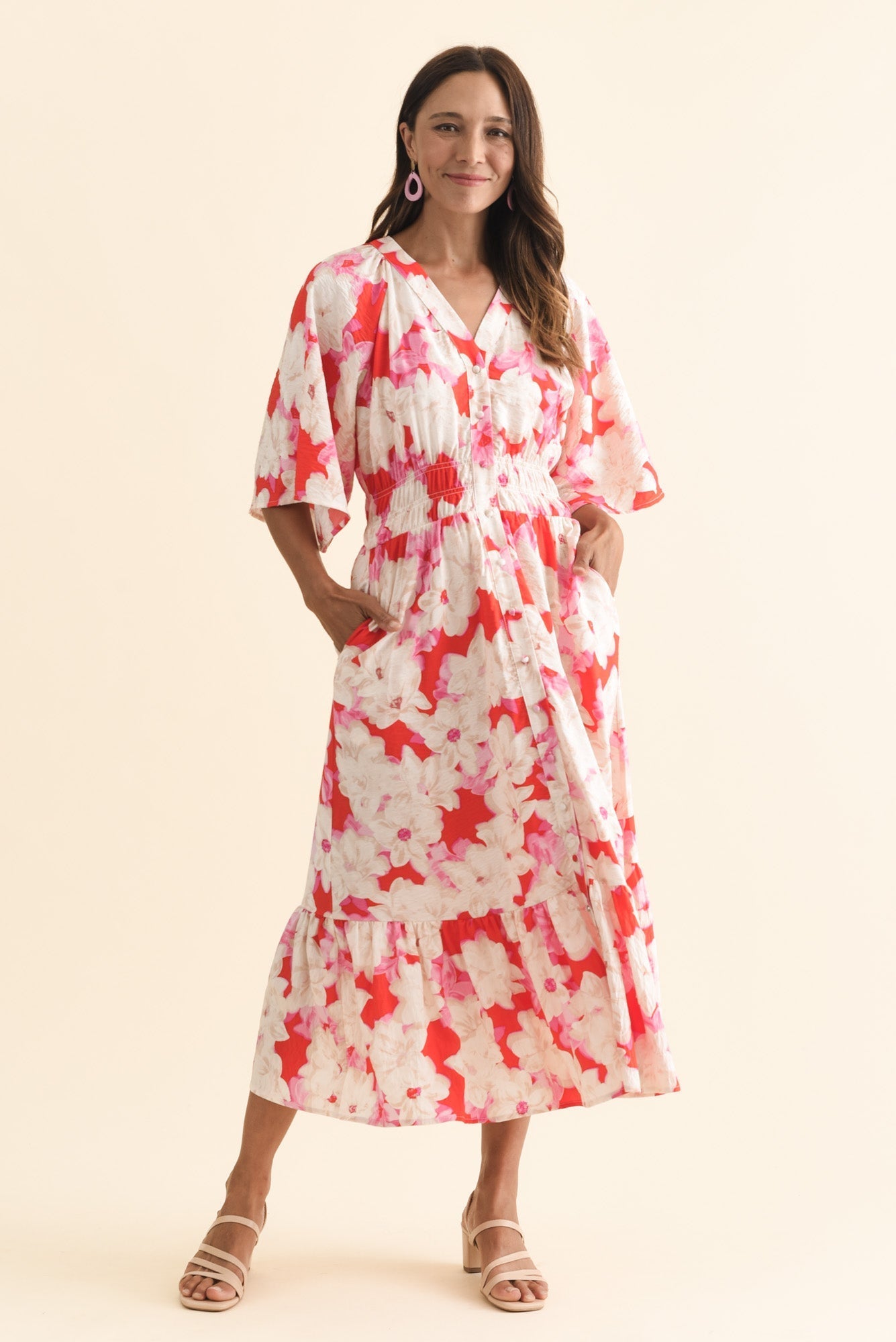 Moxie Red Floral Button Dress Front View