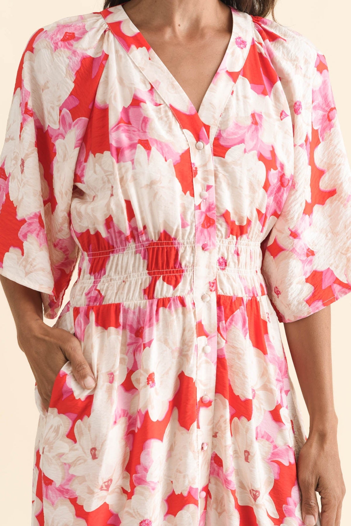 Moxie Red Floral Button Dress Full Length View