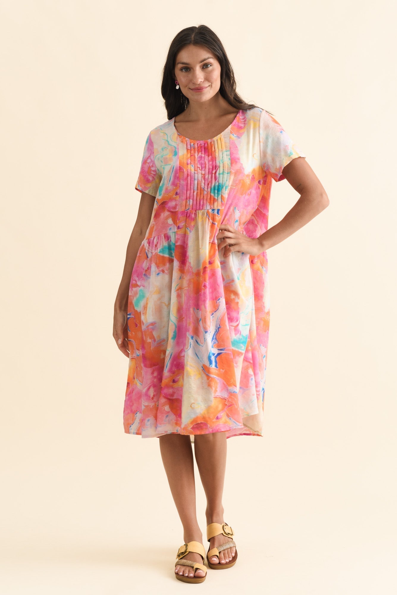 Murano Orange Abstract Cotton Dress Front View 2