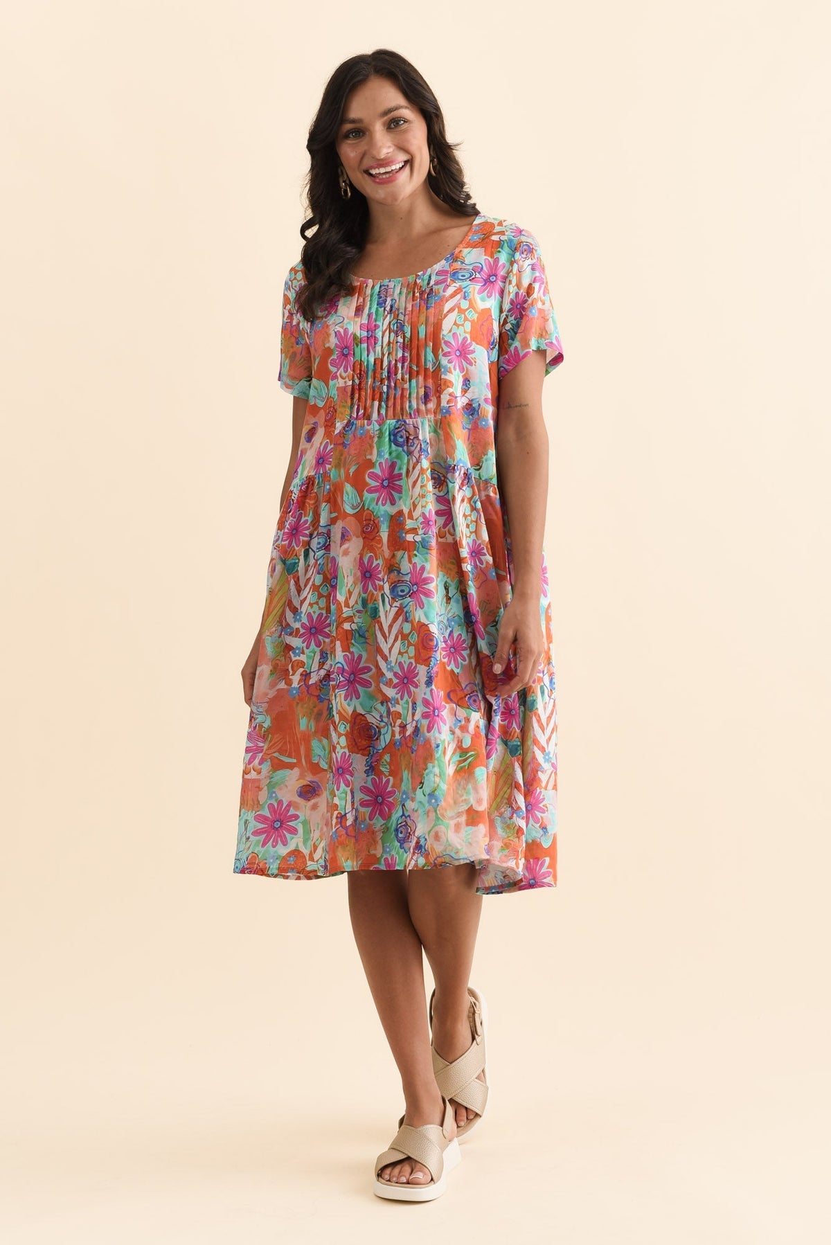 Murano Orange Garden Cotton Dress Front View 2
