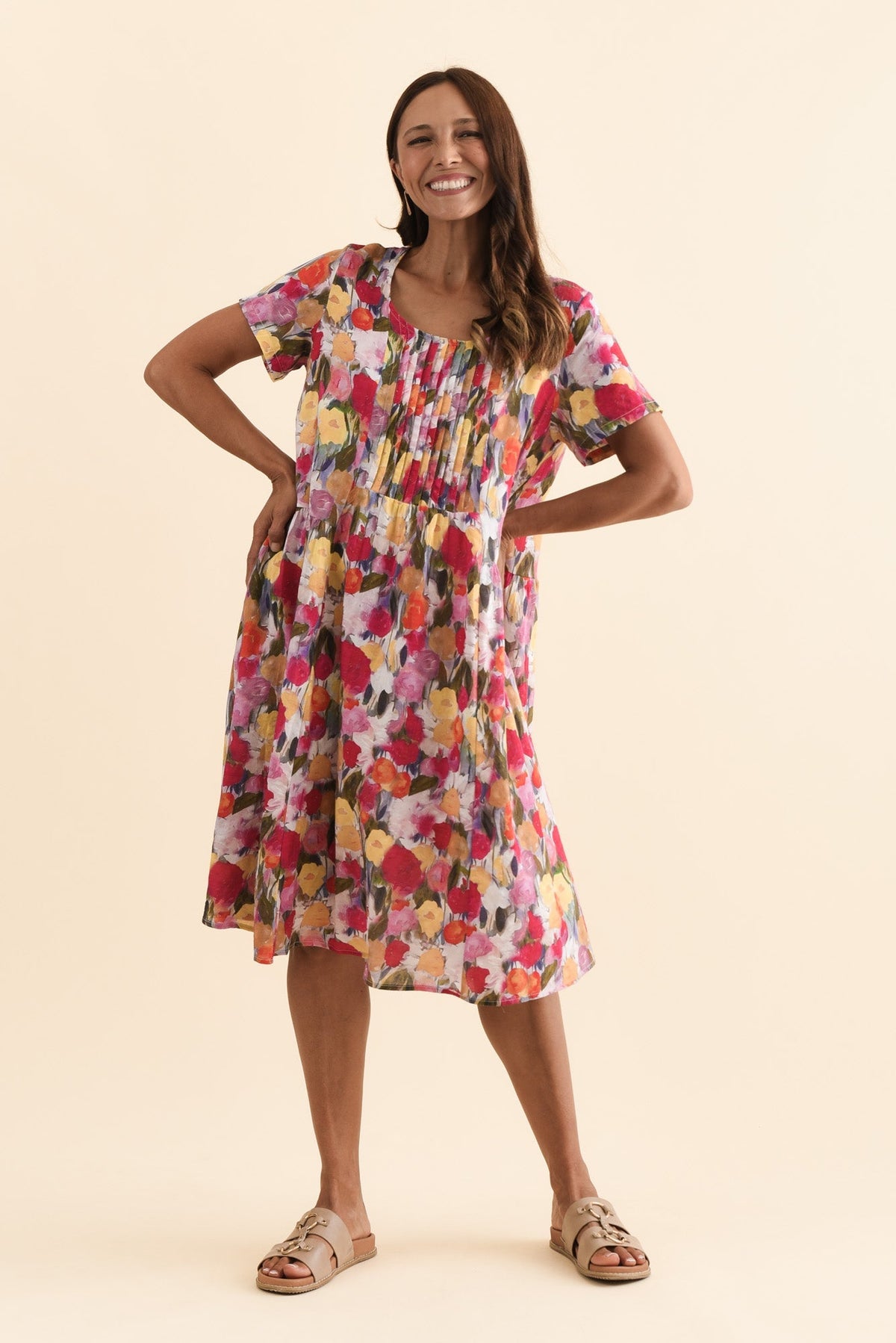 Murano Pink Floral Cotton Dress Full Length View