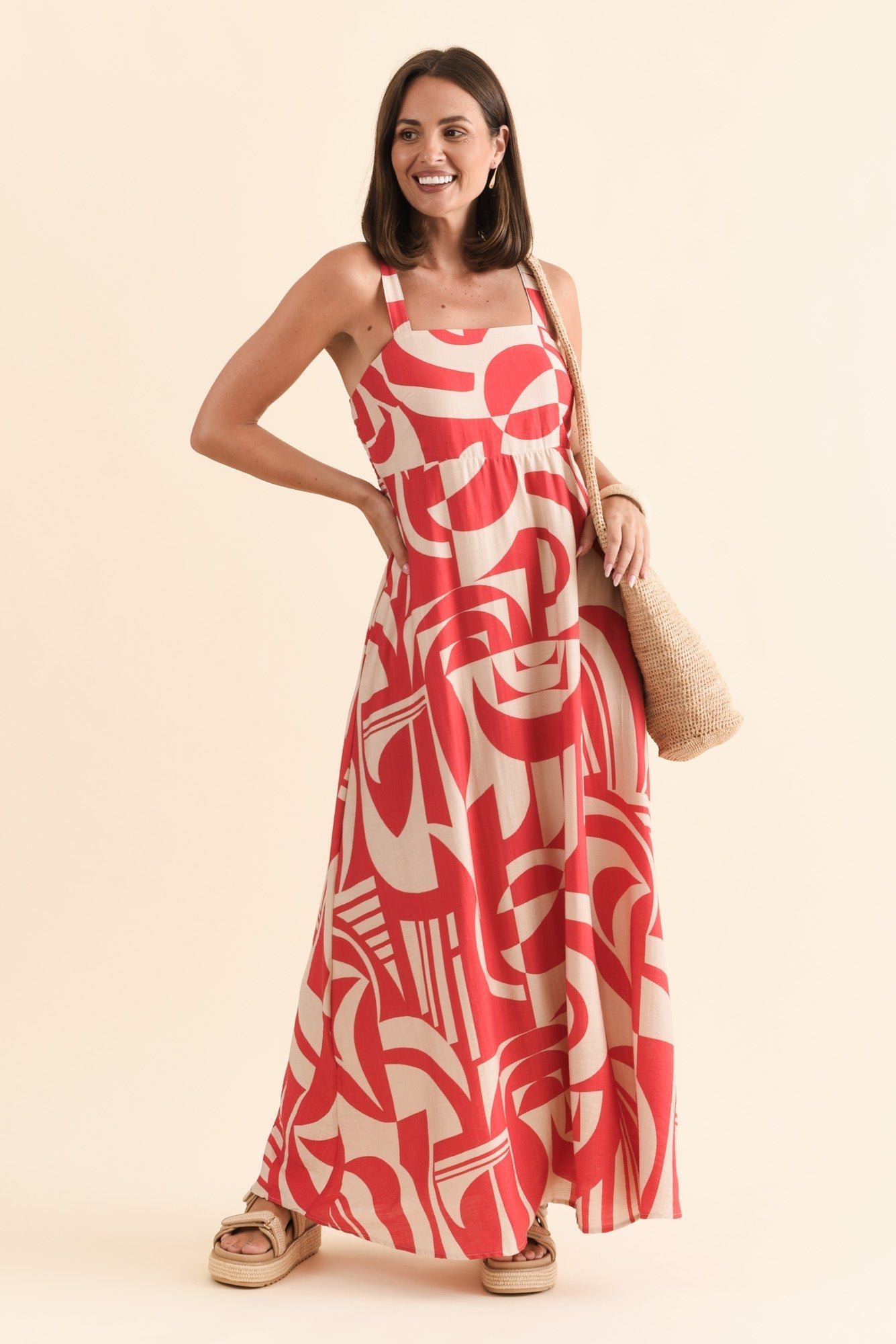 Mykonos Red Abstract Linen Cotton Dress Front View 2