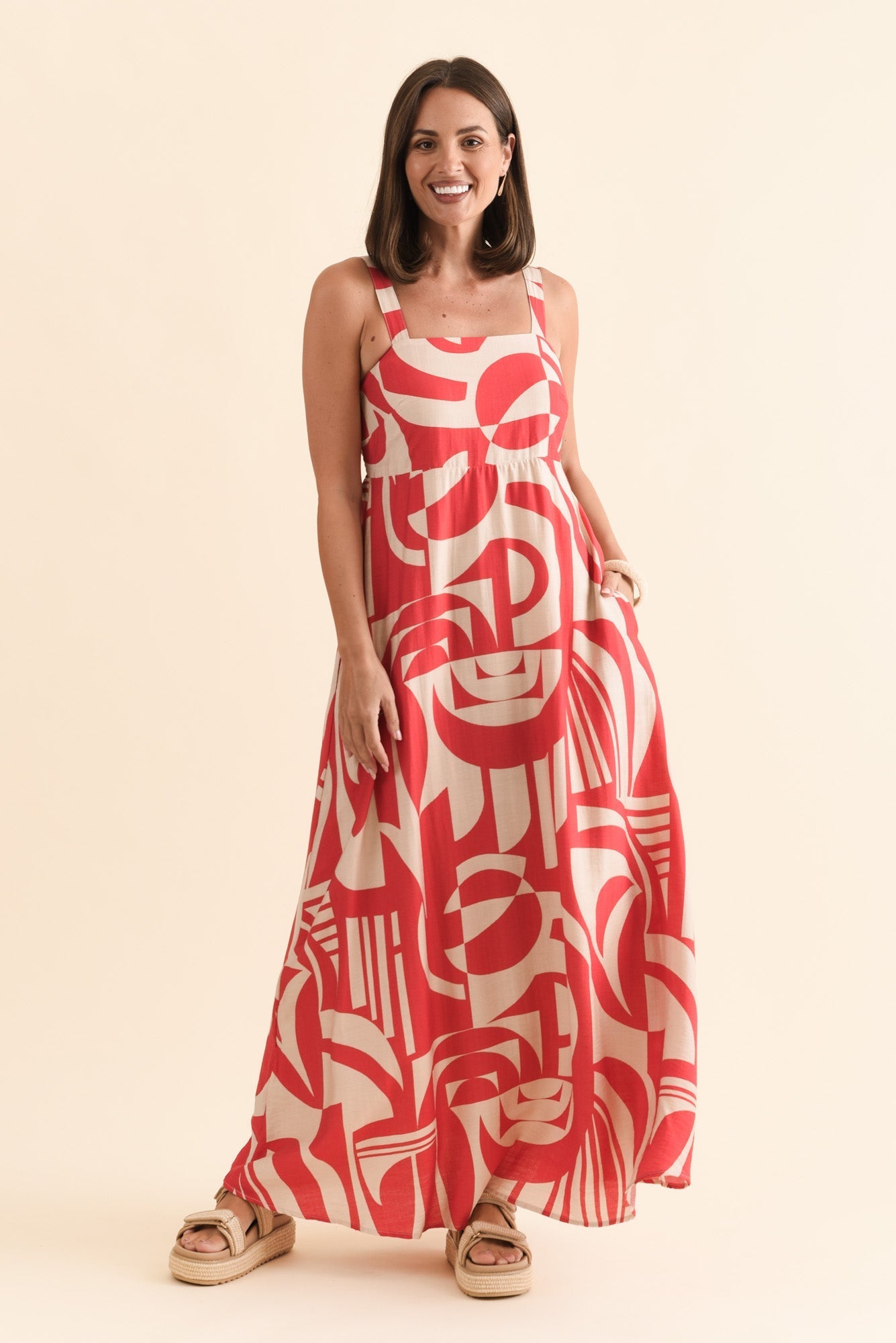 Mykonos Red Abstract Linen Cotton Dress Front View