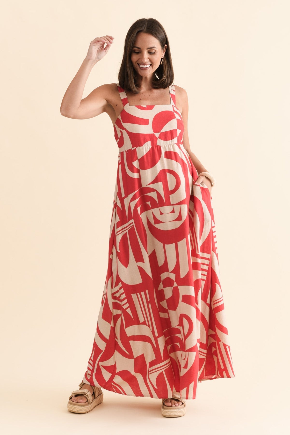 Mykonos Red Abstract Linen Cotton Dress Full Length View