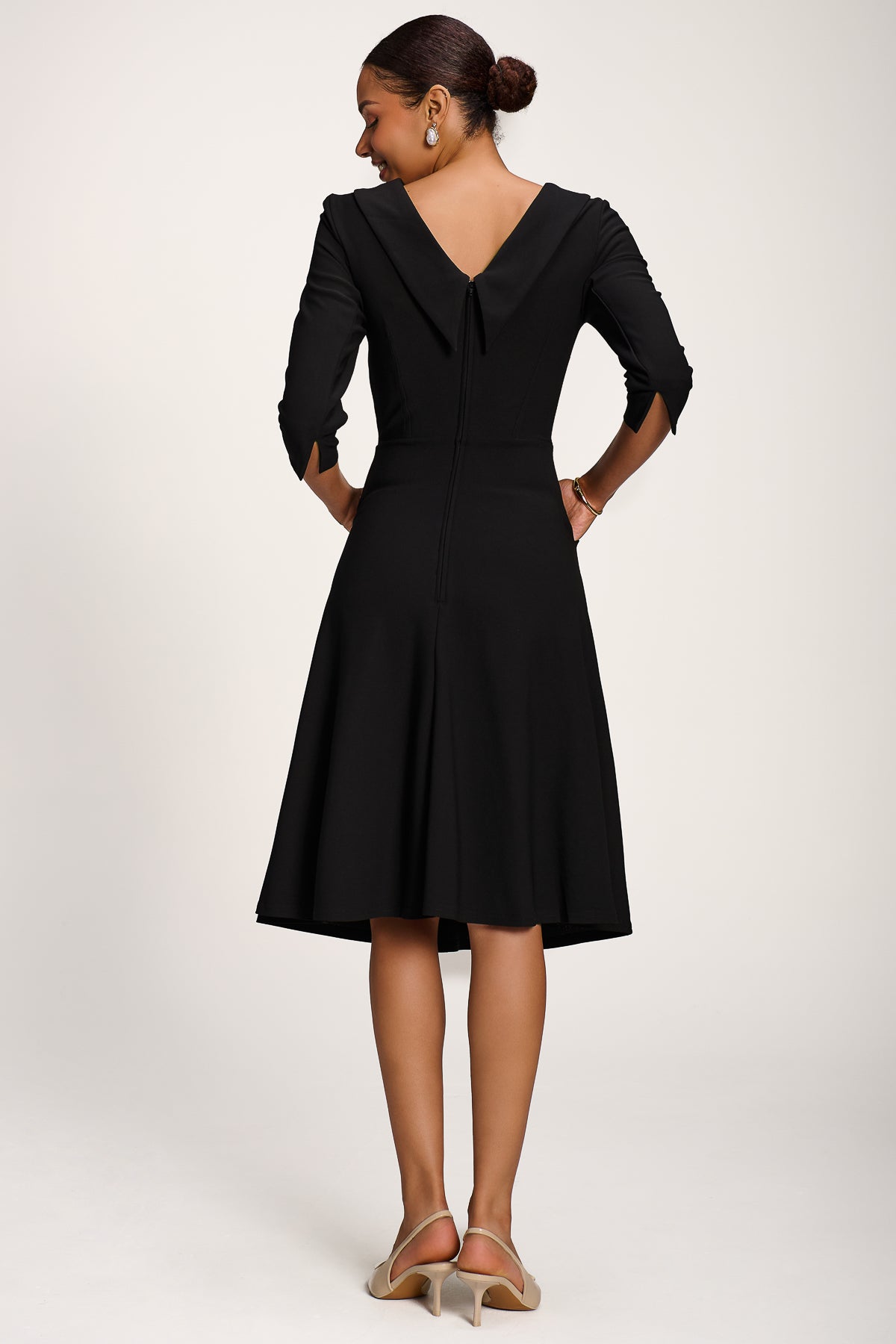 Roll Neck ¾ Sleeve Midi Dress, Black Back View