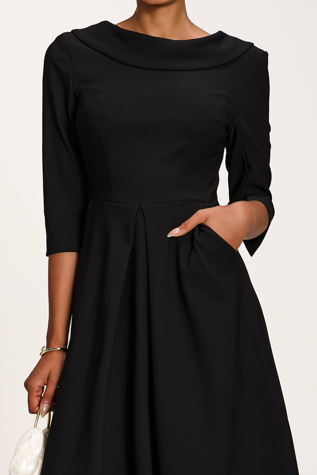 Roll Neck ¾ Sleeve Midi Dress, Black Side View