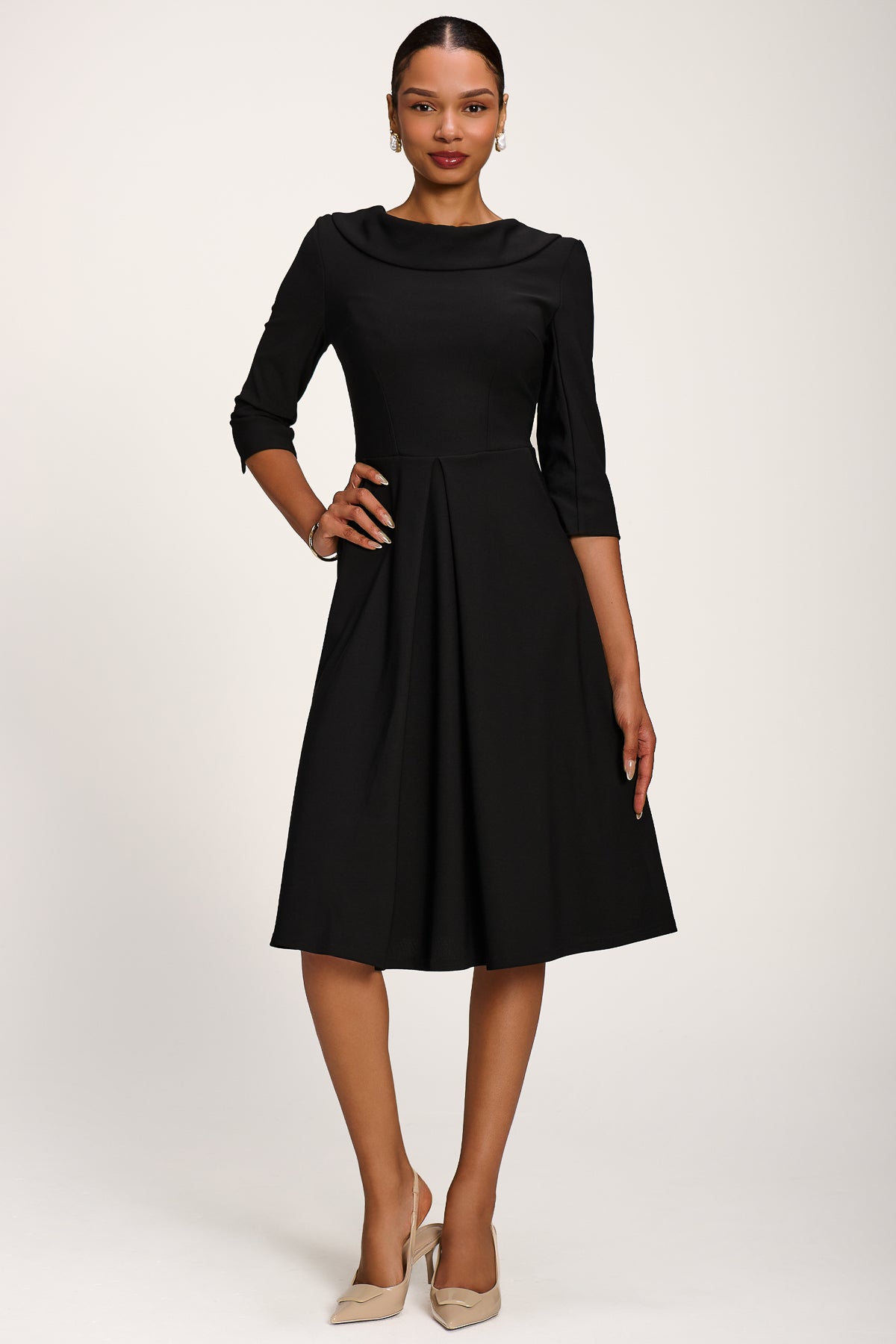 Roll Neck ¾ Sleeve Midi Dress, Black Front View 2