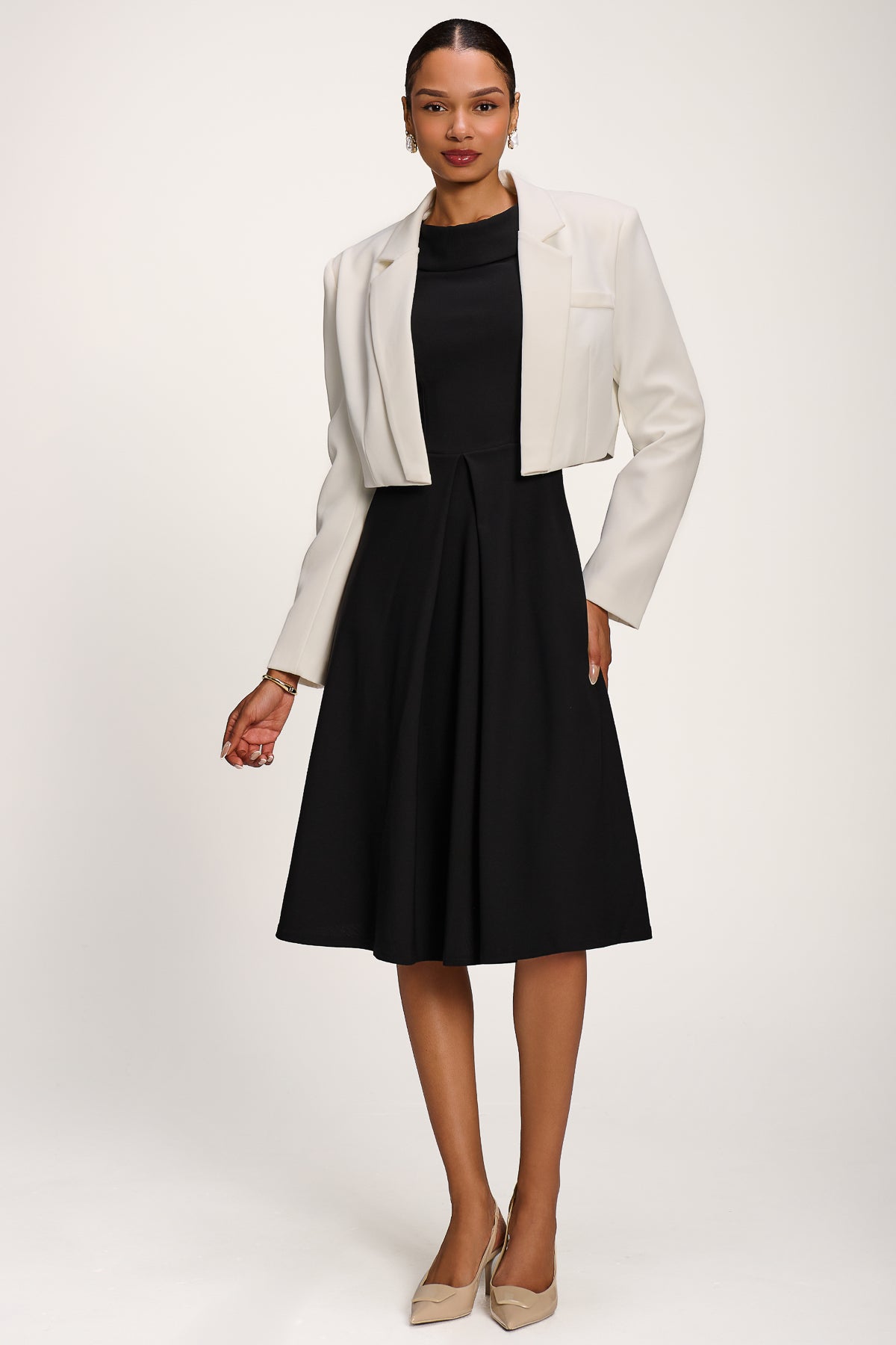 Roll Neck ¾ Sleeve Midi Dress, Black Full Length View