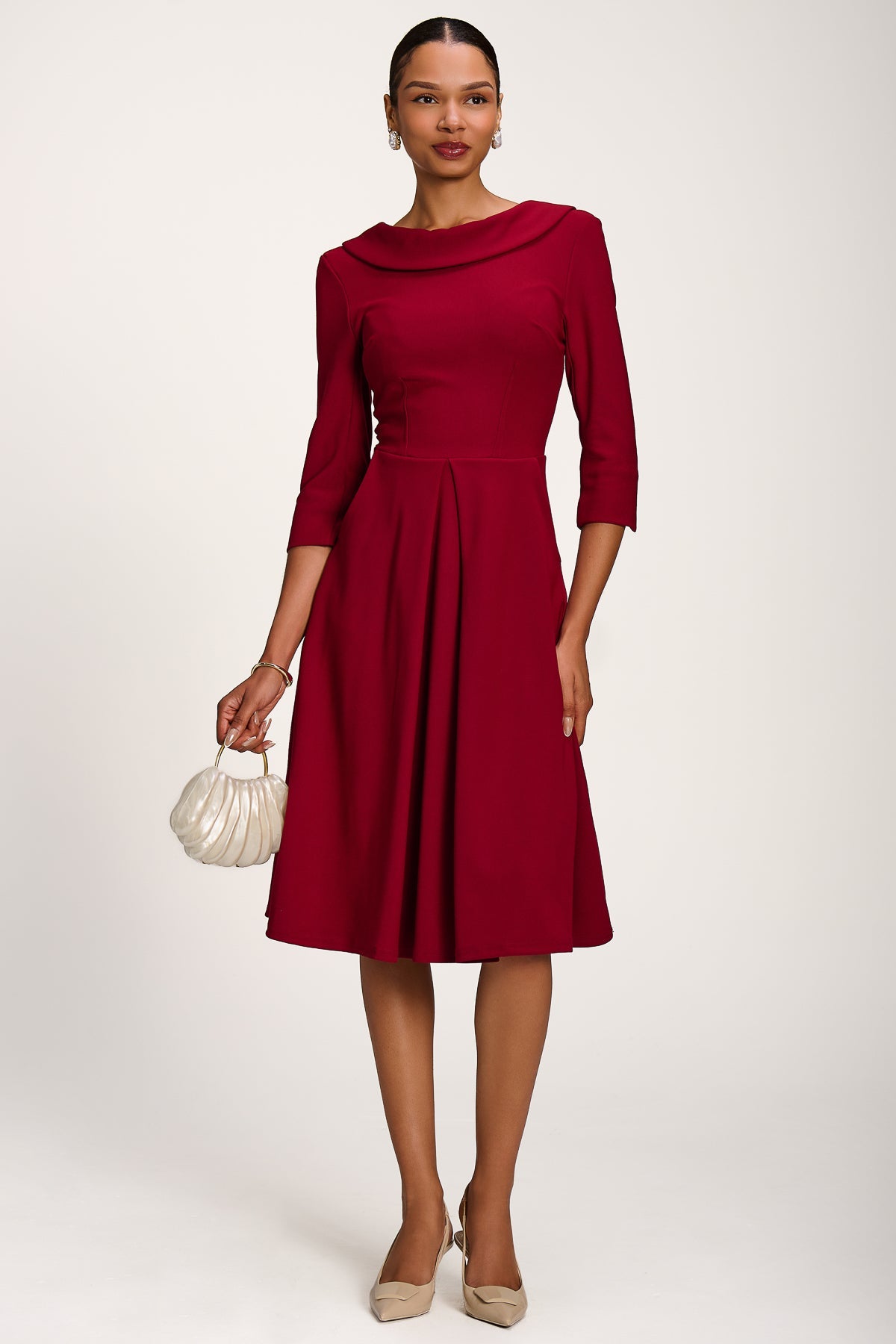 Roll Neck ¾ Sleeve Midi Dress Front View