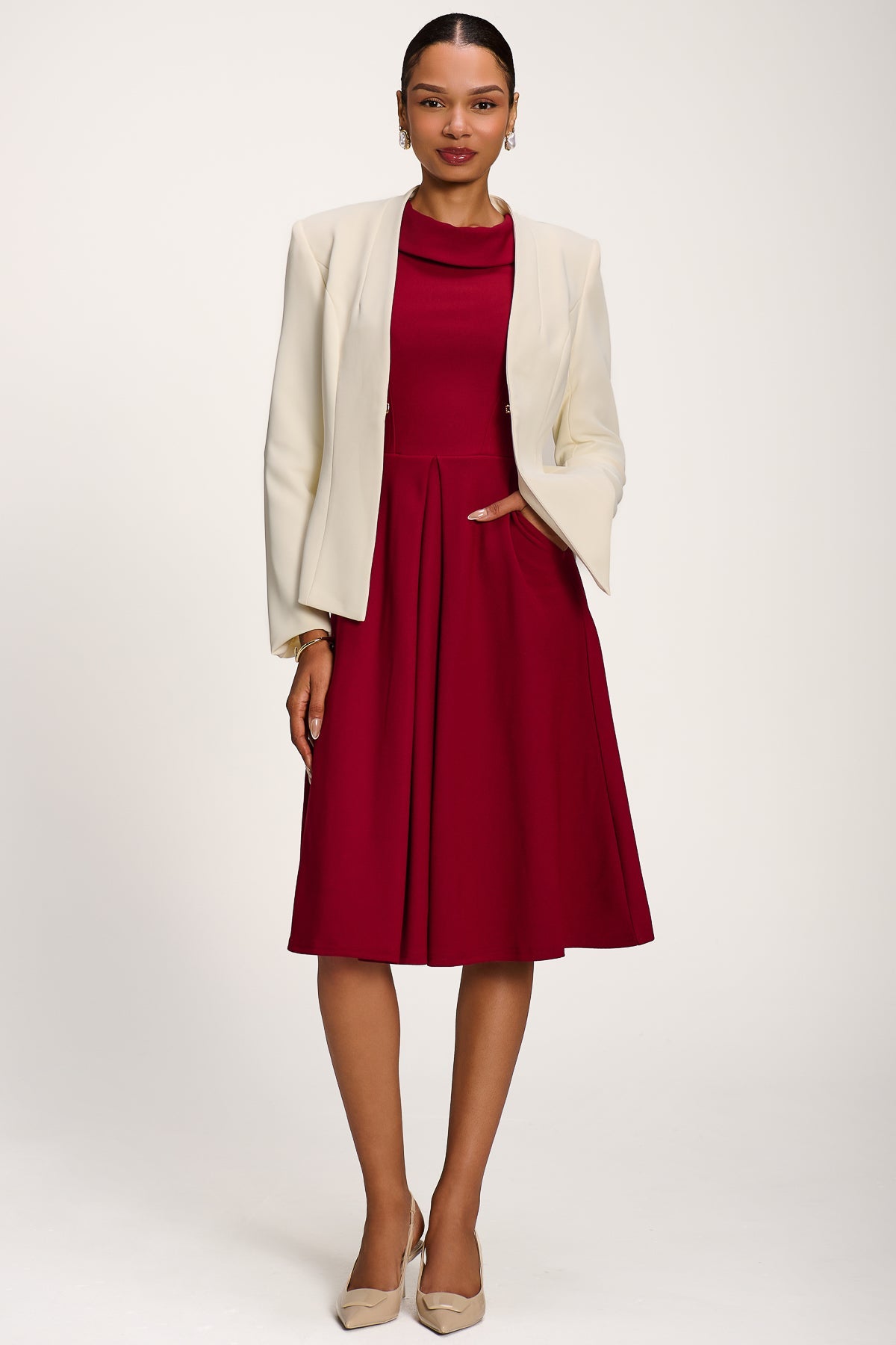 Roll Neck ¾ Sleeve Midi Dress Styled View