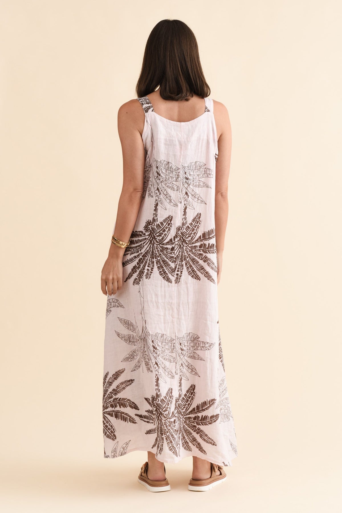 Nadia Pink Palm Linen Maxi Dress Side View