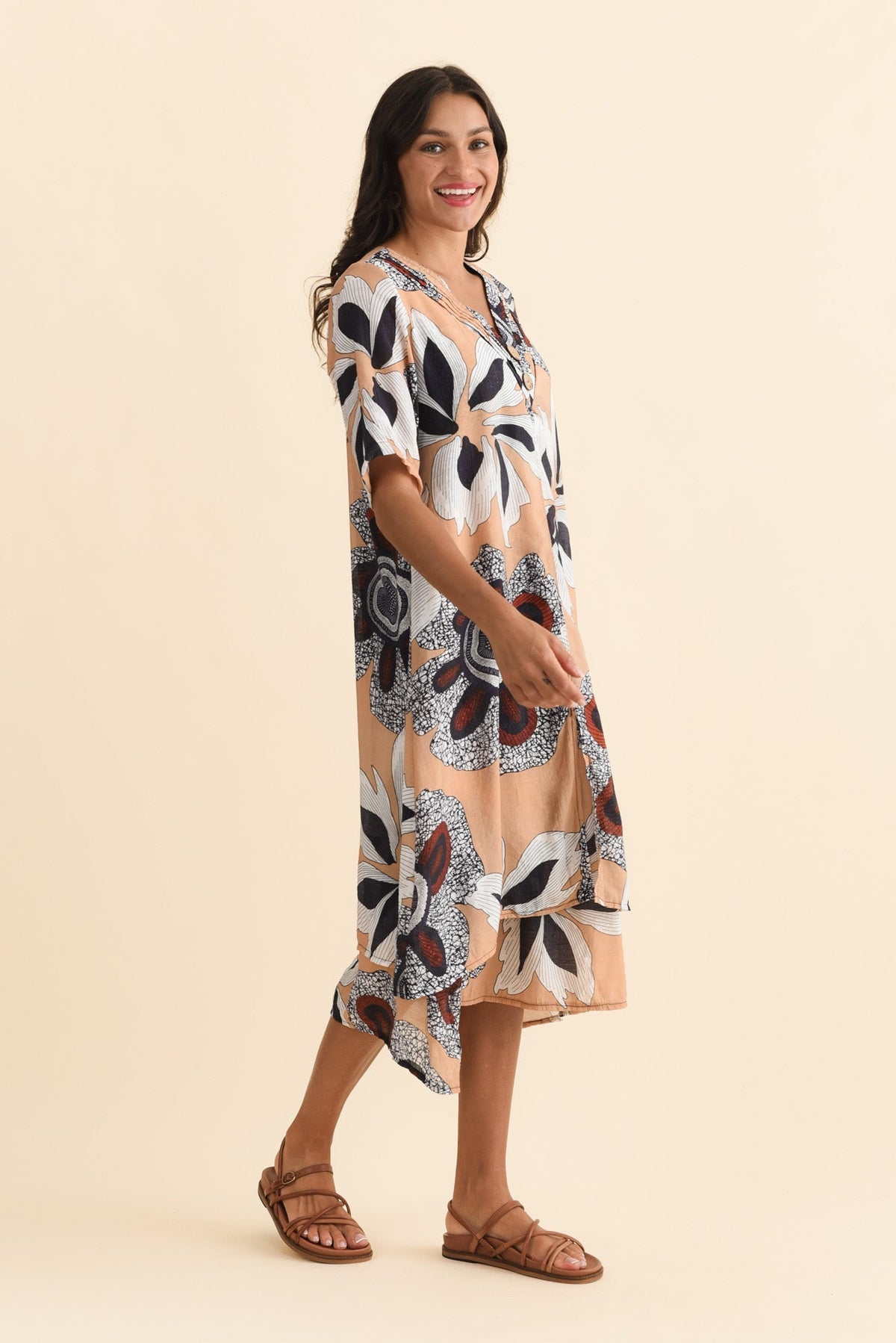 Nala Beige Flower Layers Dress Back View