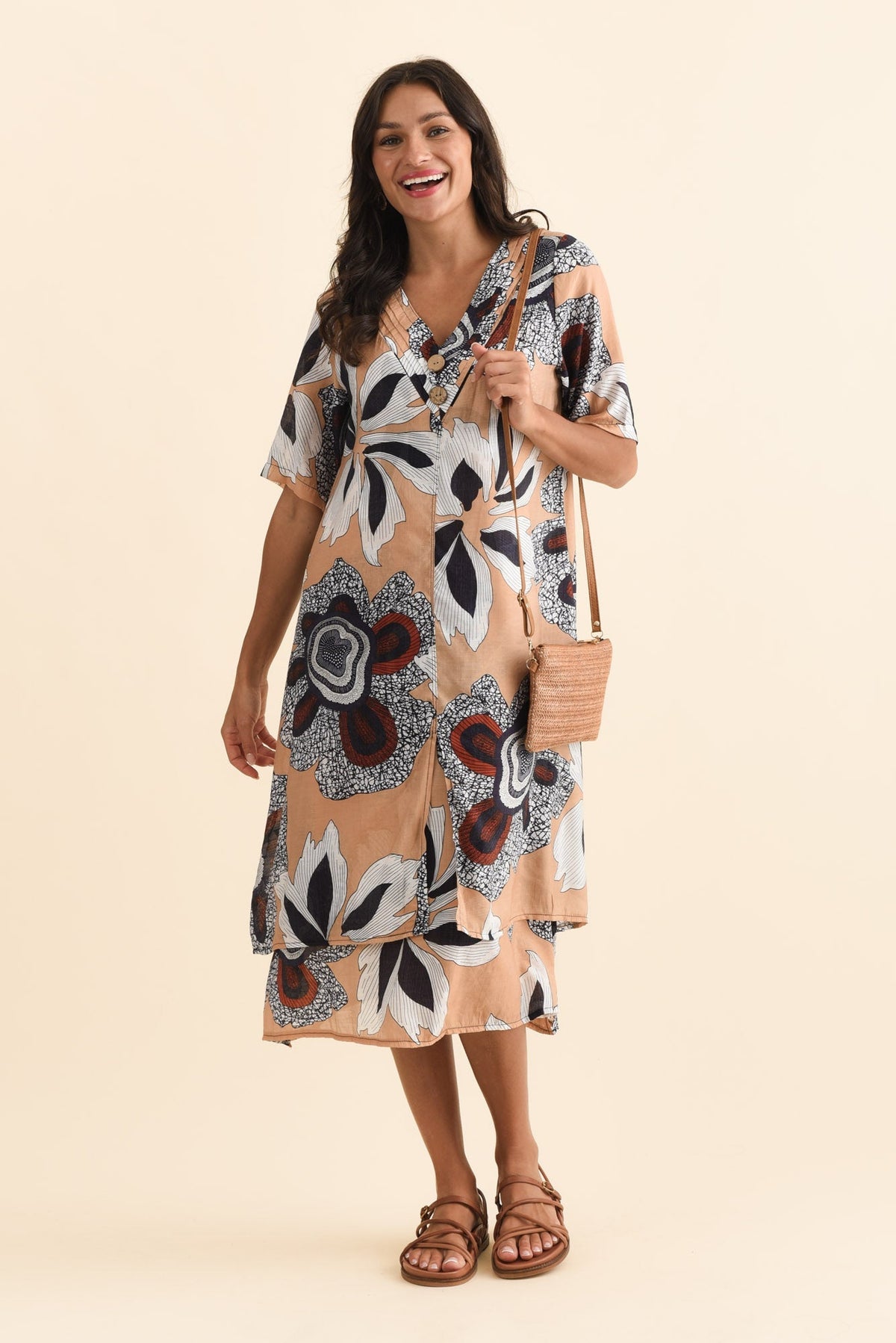 Nala Beige Flower Layers Dress Front View 2