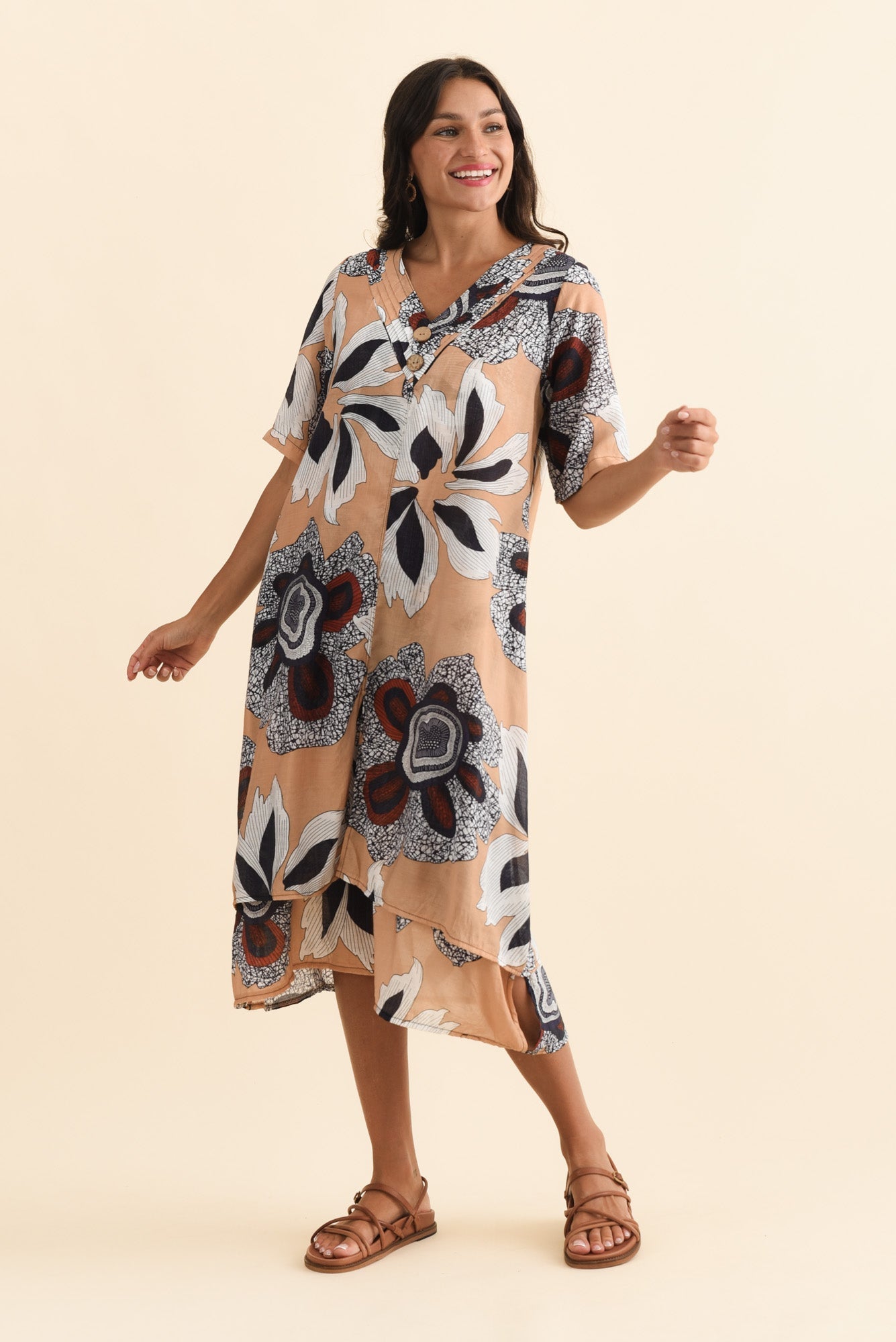 Nala Beige Flower Layers Dress Front View