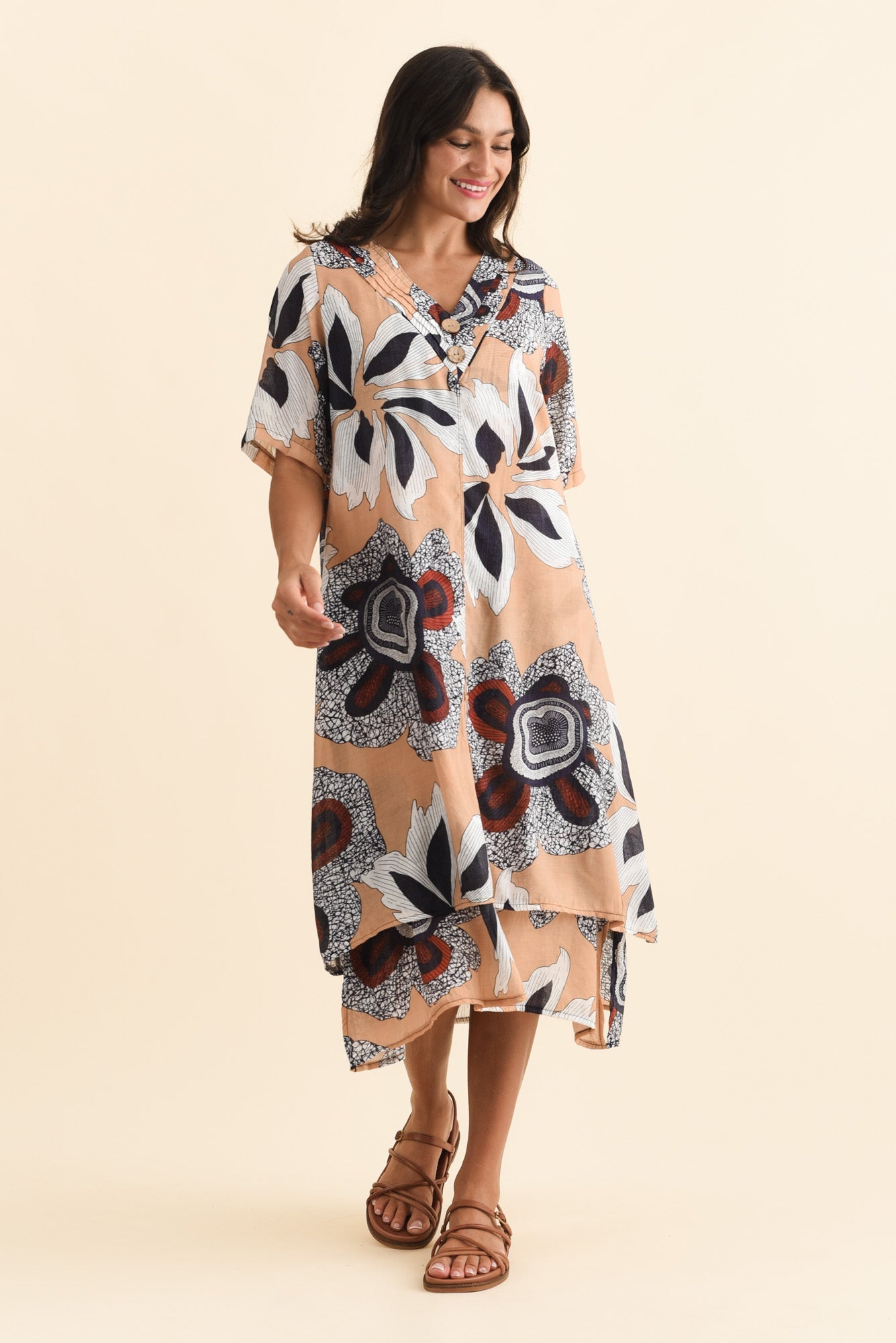 Nala Beige Flower Layers Dress Full Length View