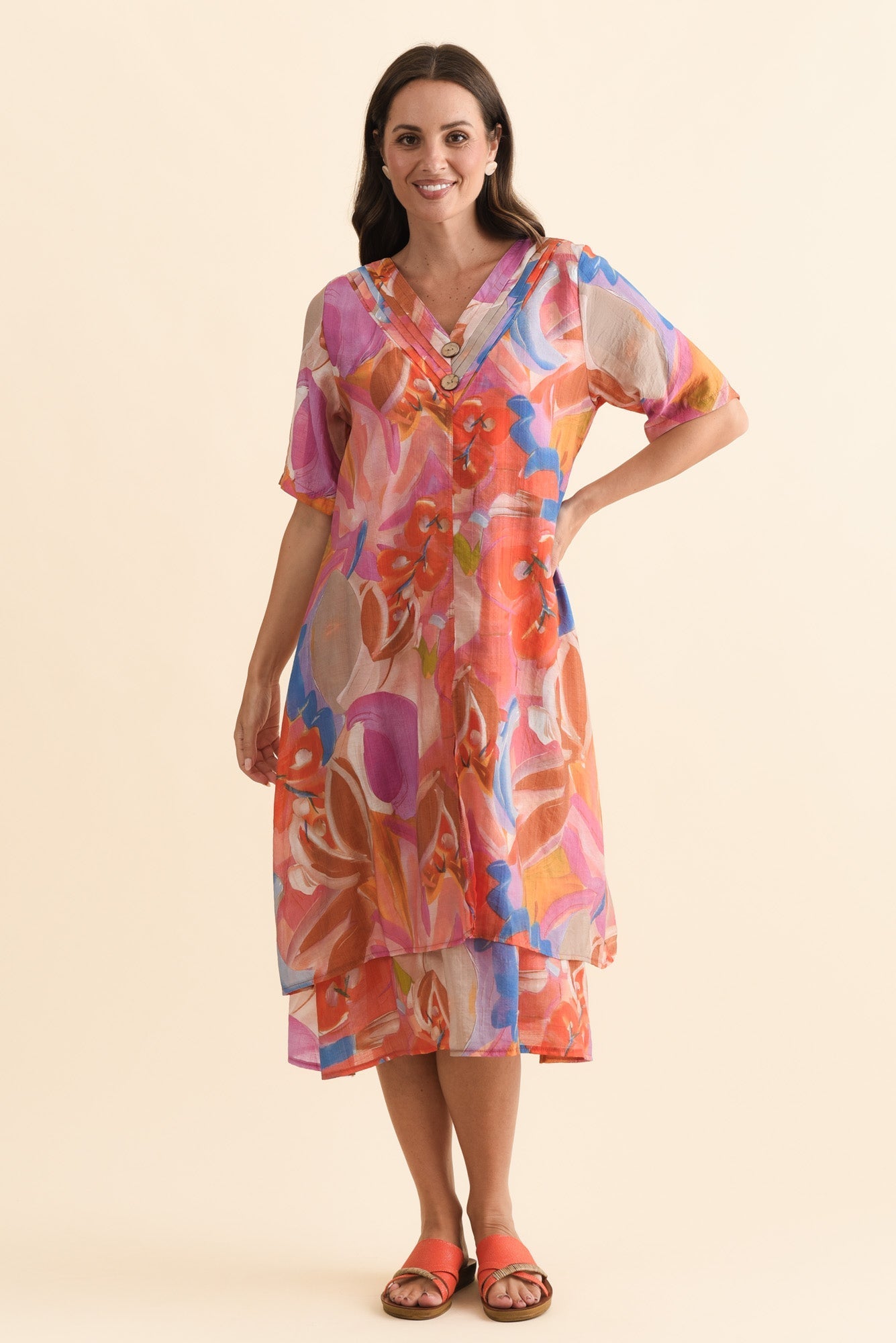 Nala Rust Abstract Layers Dress Front View 2