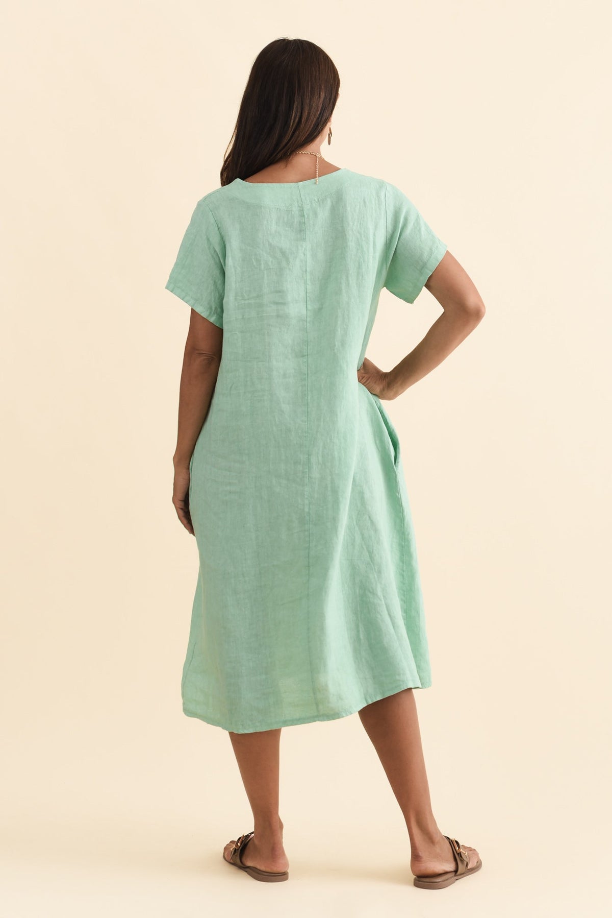 Nara Aqua Linen Pocket Dress Side View