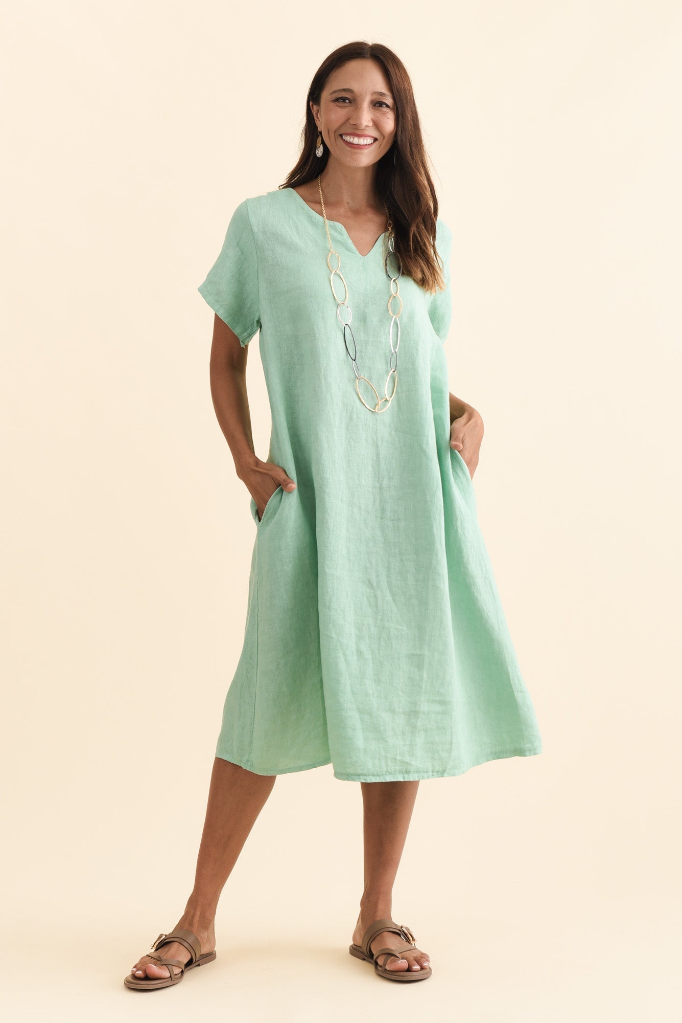 Nara Aqua Linen Pocket Dress Front View 2