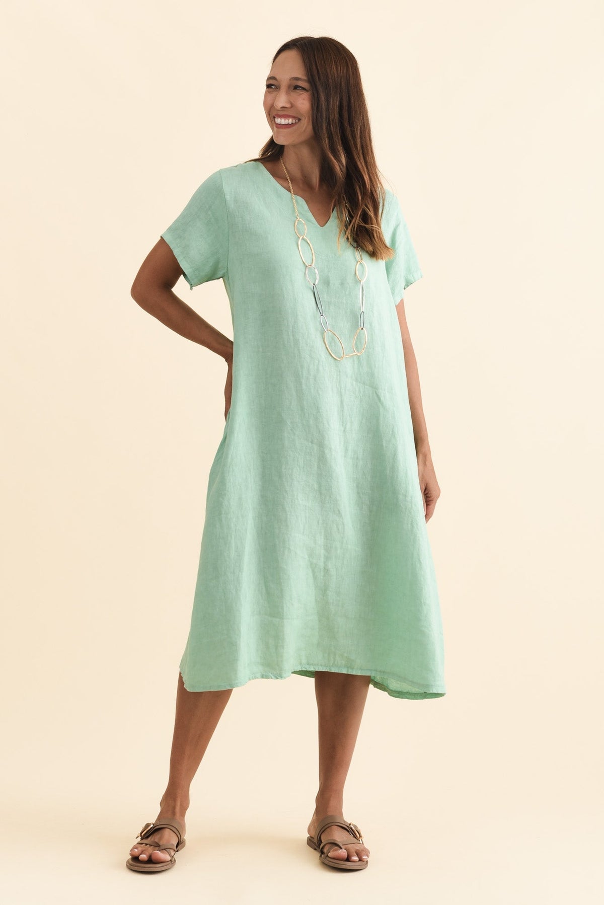 Nara Aqua Linen Pocket Dress Front View