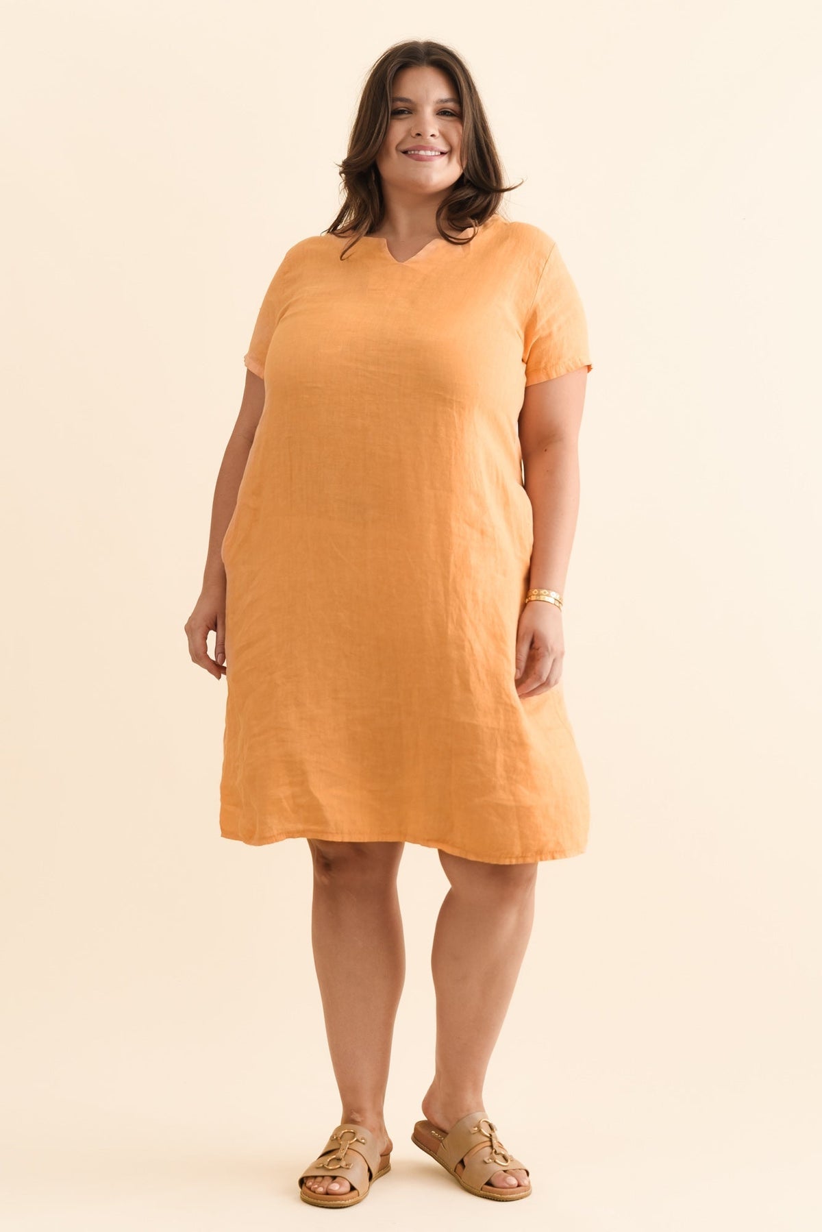 Nara Peach Linen Pocket Dress Side View 2