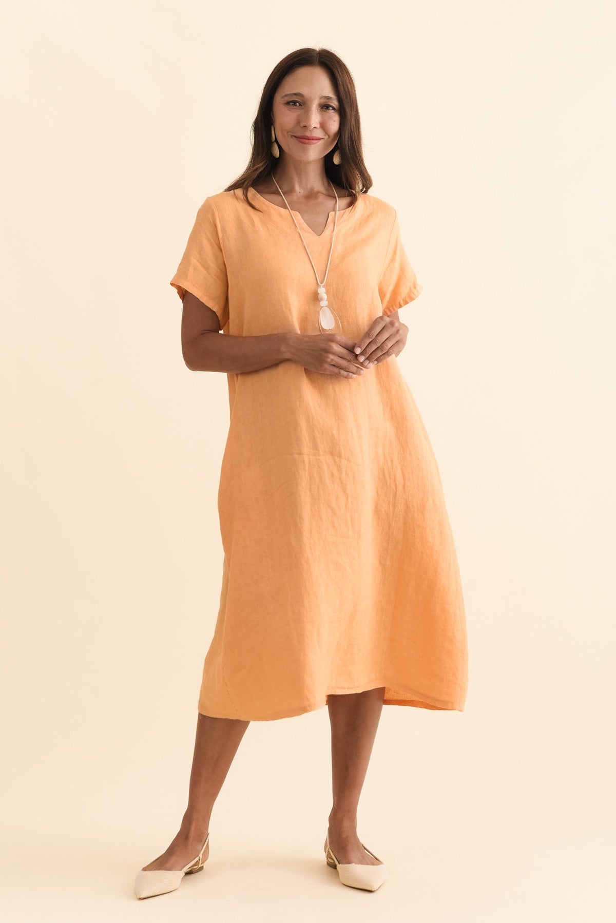 Nara Peach Linen Pocket Dress Full Length View