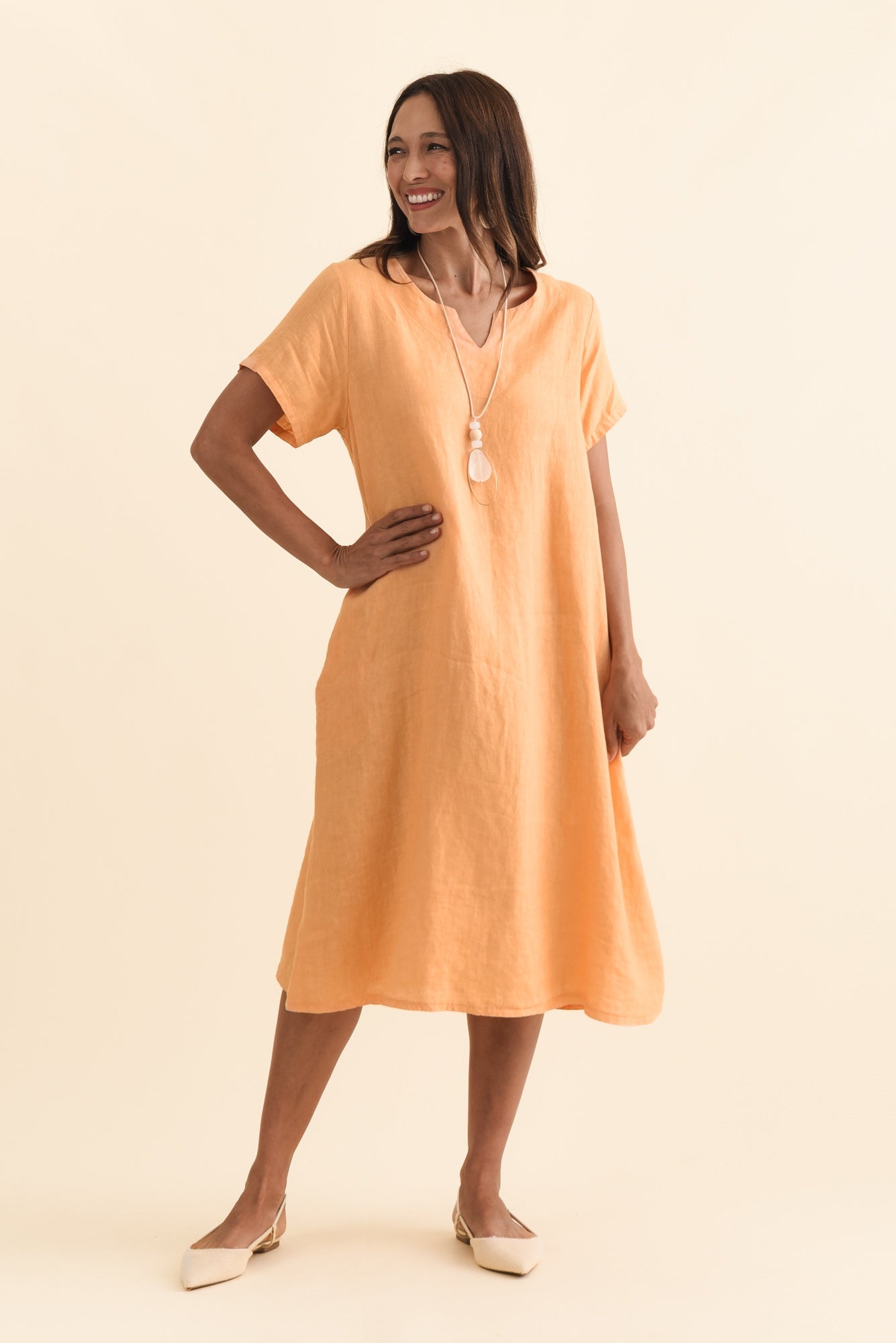 Nara Peach Linen Pocket Dress Front View