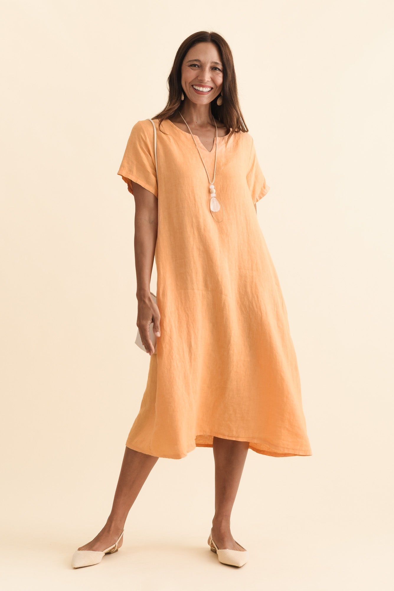 Nara Peach Linen Pocket Dress Front View 2