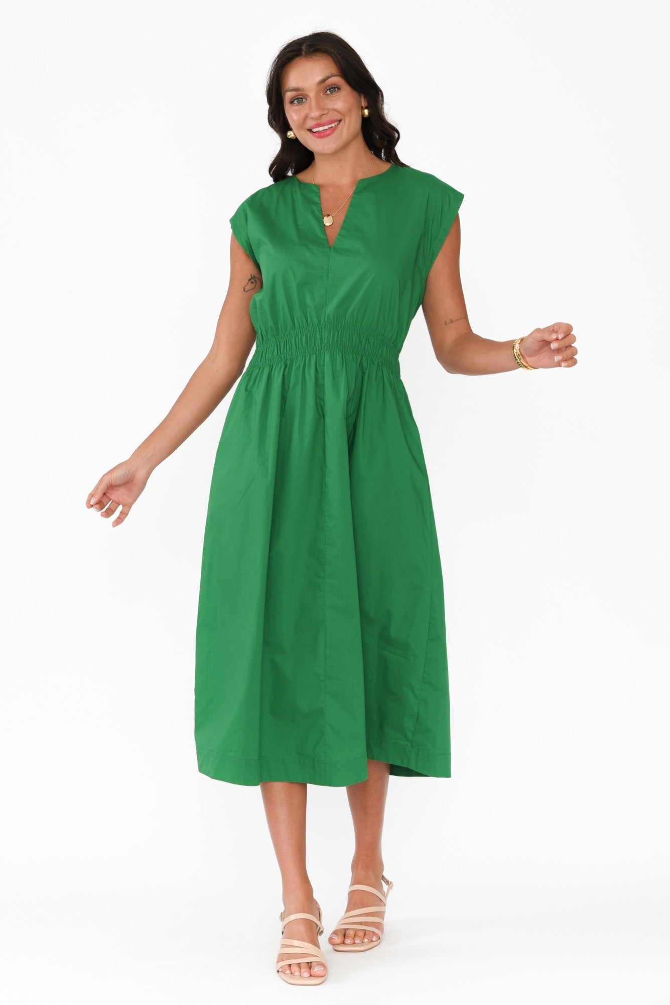 Nelly Green Cotton Midi Dress Front View