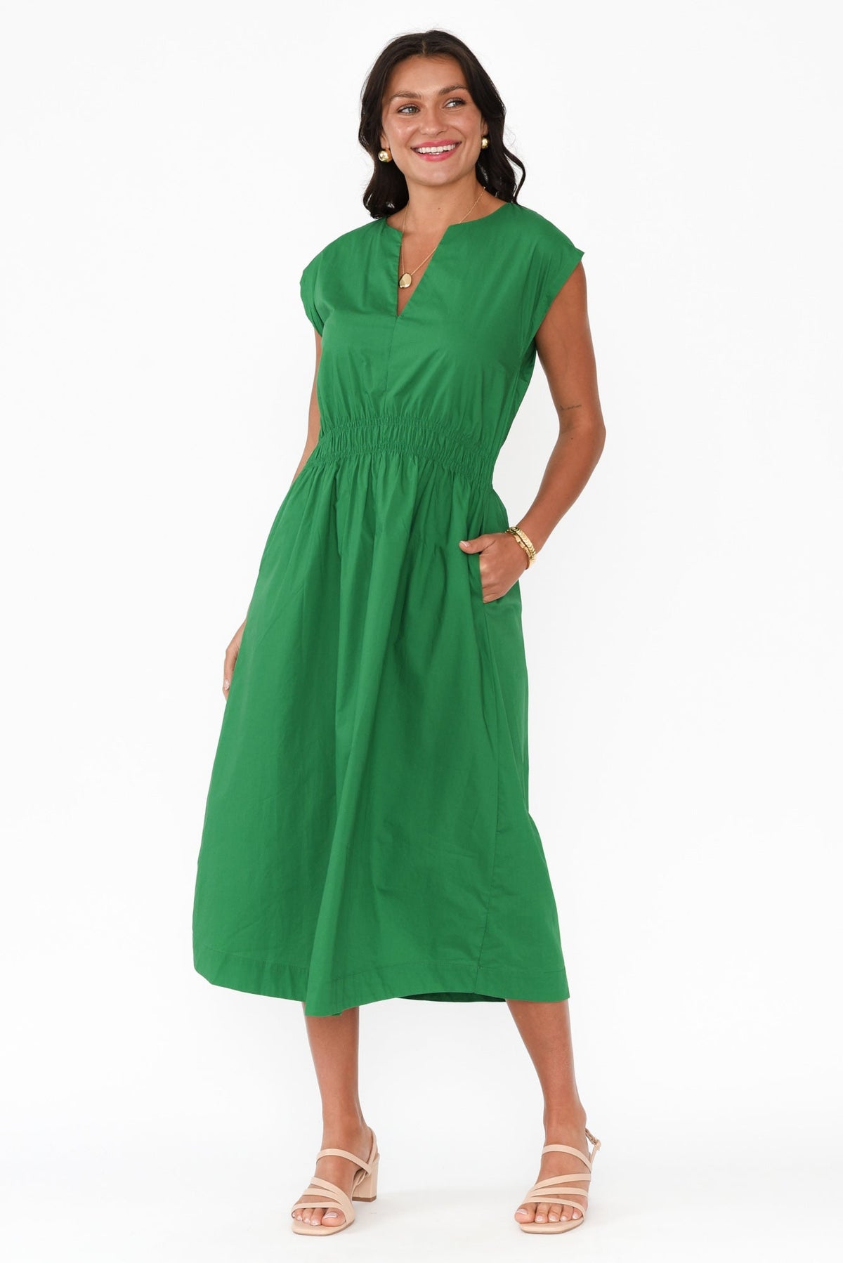 Nelly Green Cotton Midi Dress Full Length View