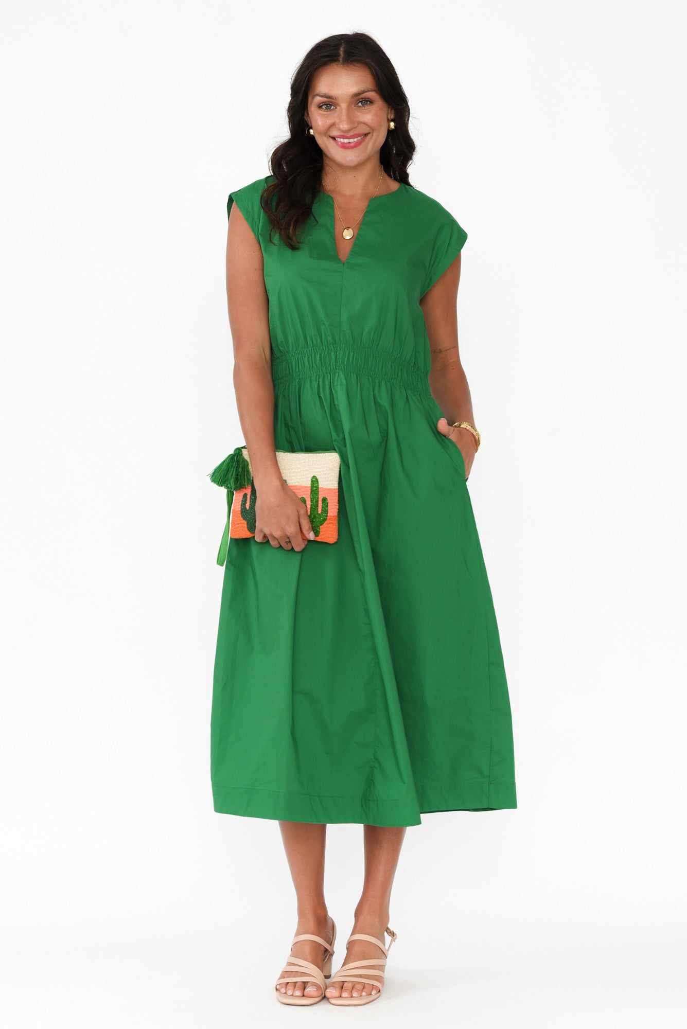 Nelly Green Cotton Midi Dress Front View 2