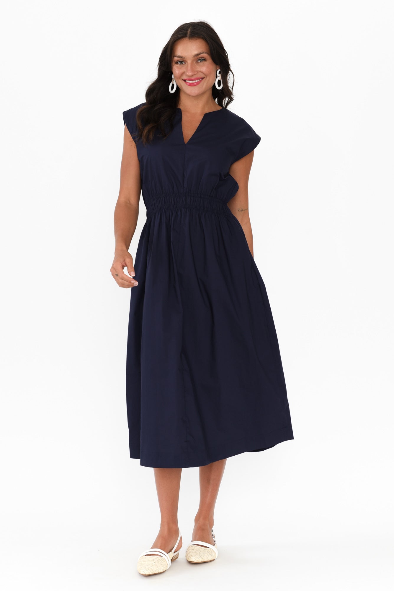 Nelly Navy Cotton Midi Dress Front View 2