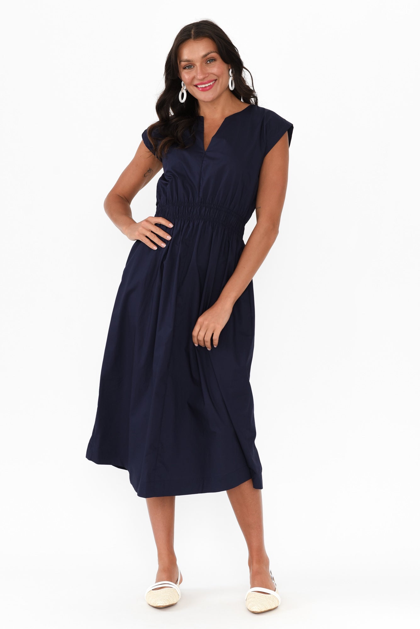 Nelly Navy Cotton Midi Dress Front View
