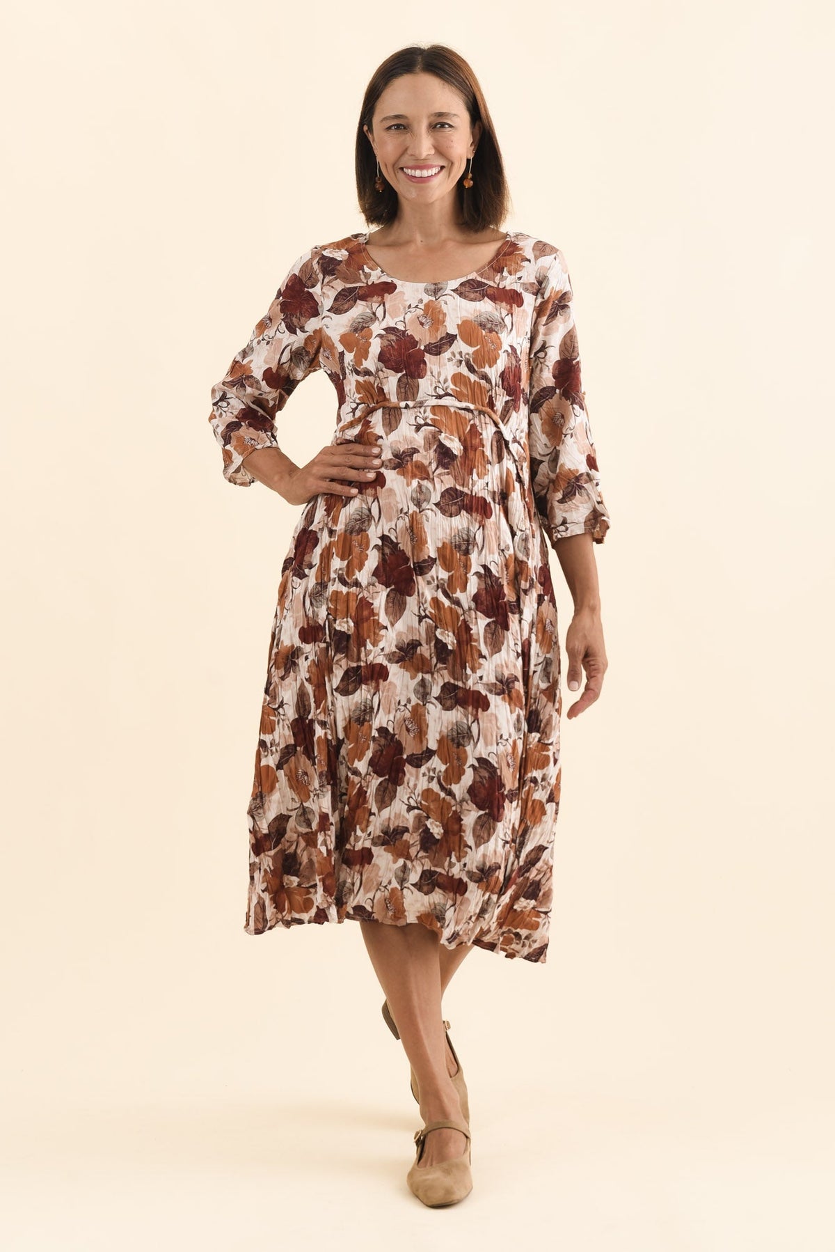 Nessa Brown Flower Crescent Dress Front View