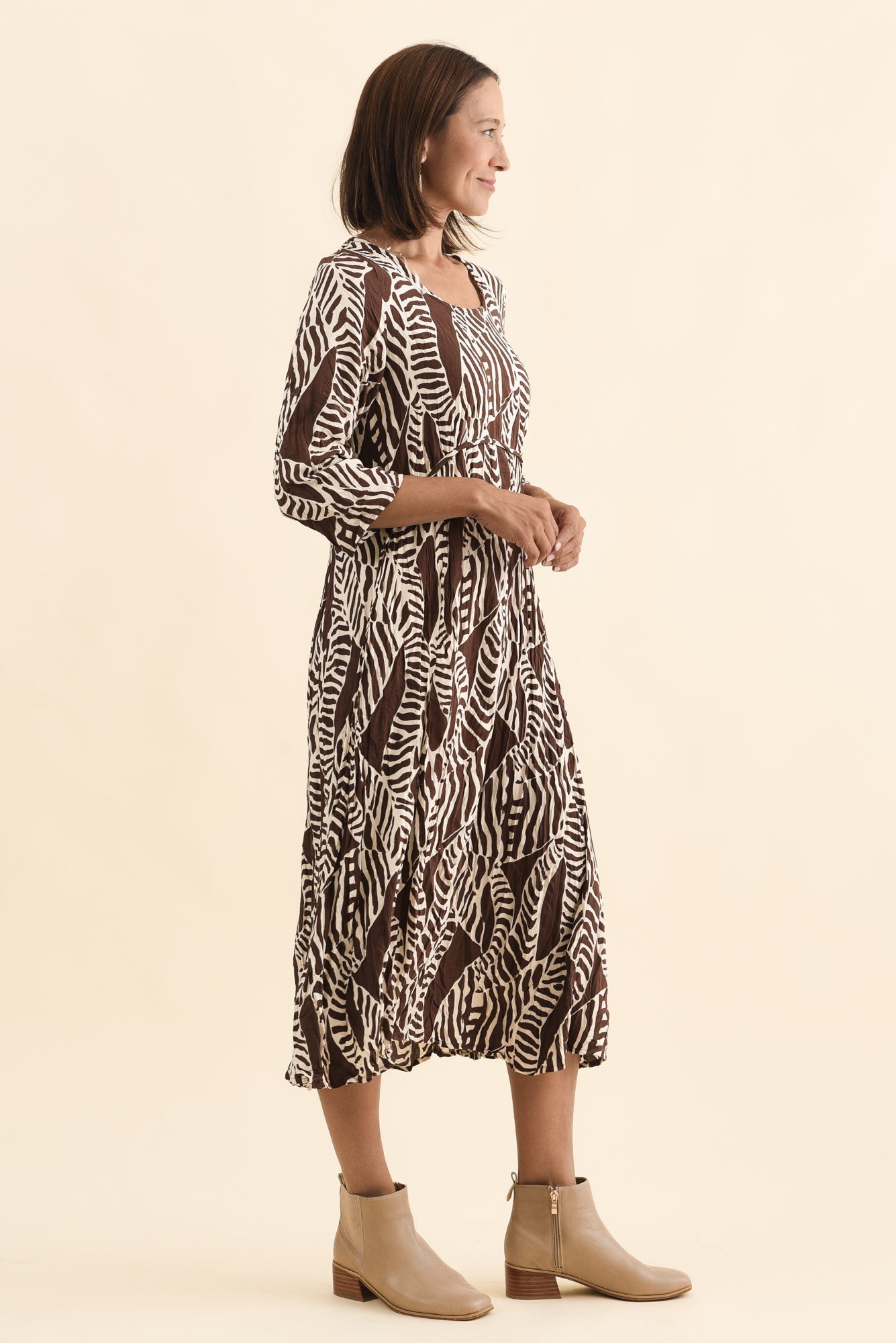Nessa Brown Leaf Crescent Dress Side View
