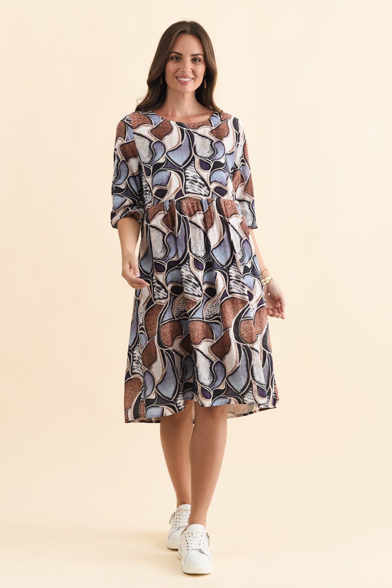 Nicolette Blue Abstract Cotton Blend Sleeved Dress Front View
