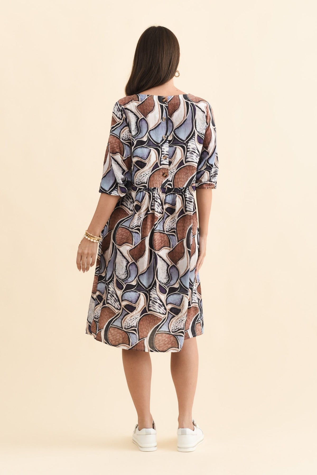 Nicolette Blue Abstract Cotton Blend Sleeved Dress Side View