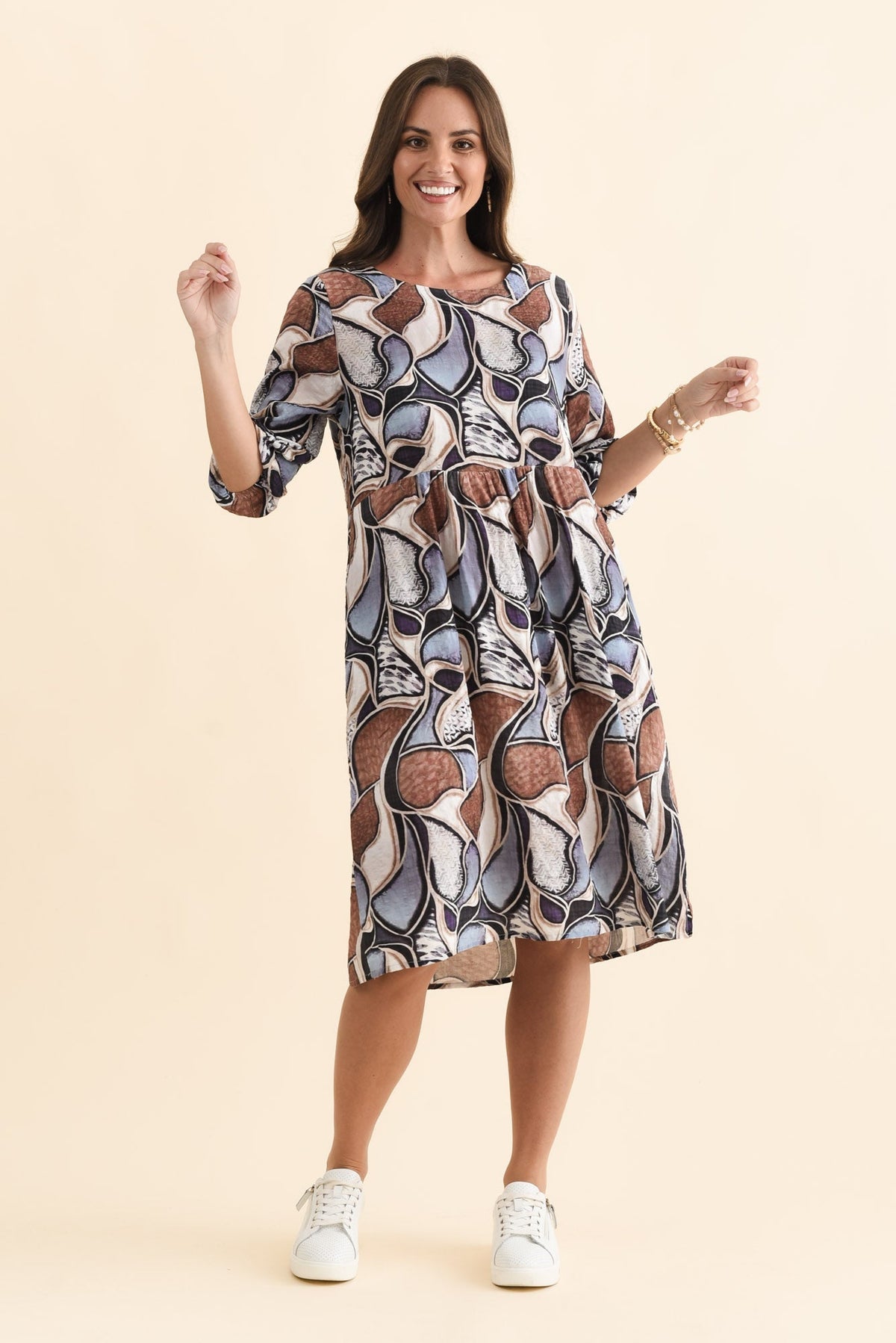 Nicolette Blue Abstract Cotton Blend Sleeved Dress Full Length View