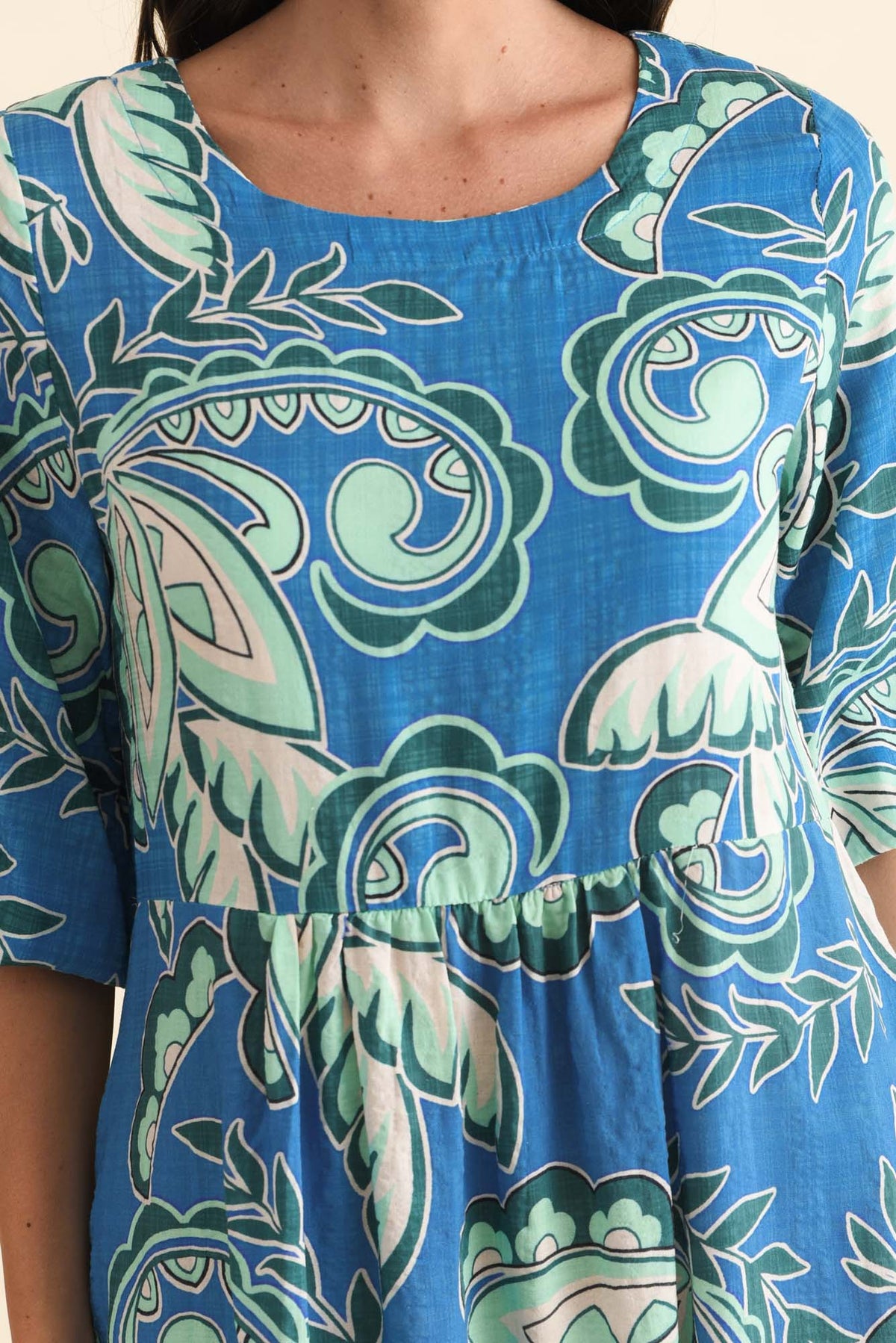 Nicolette Blue Paisley Cotton Blend Sleeved Dress Detail View