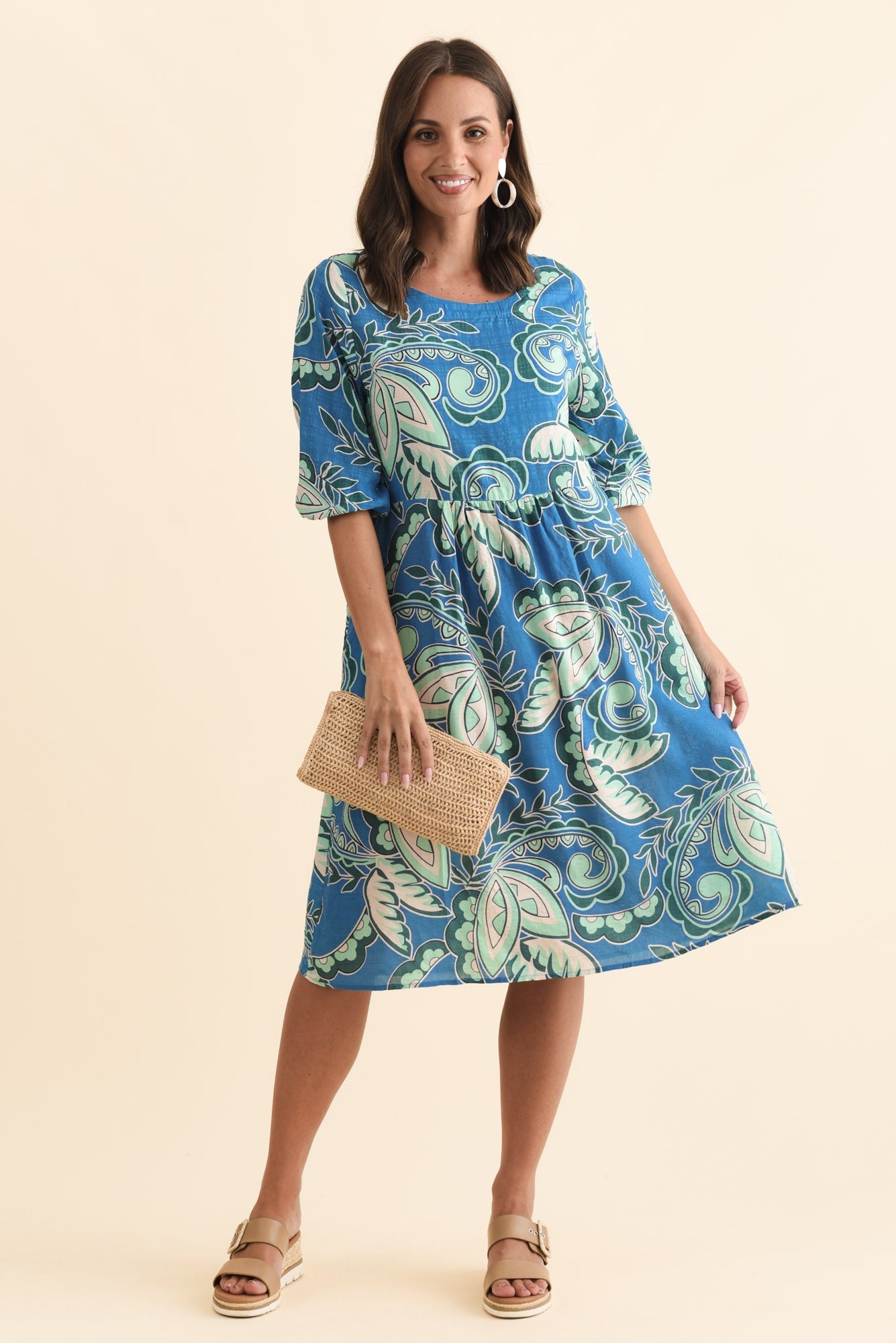 Nicolette Blue Paisley Cotton Blend Sleeved Dress Front View 2