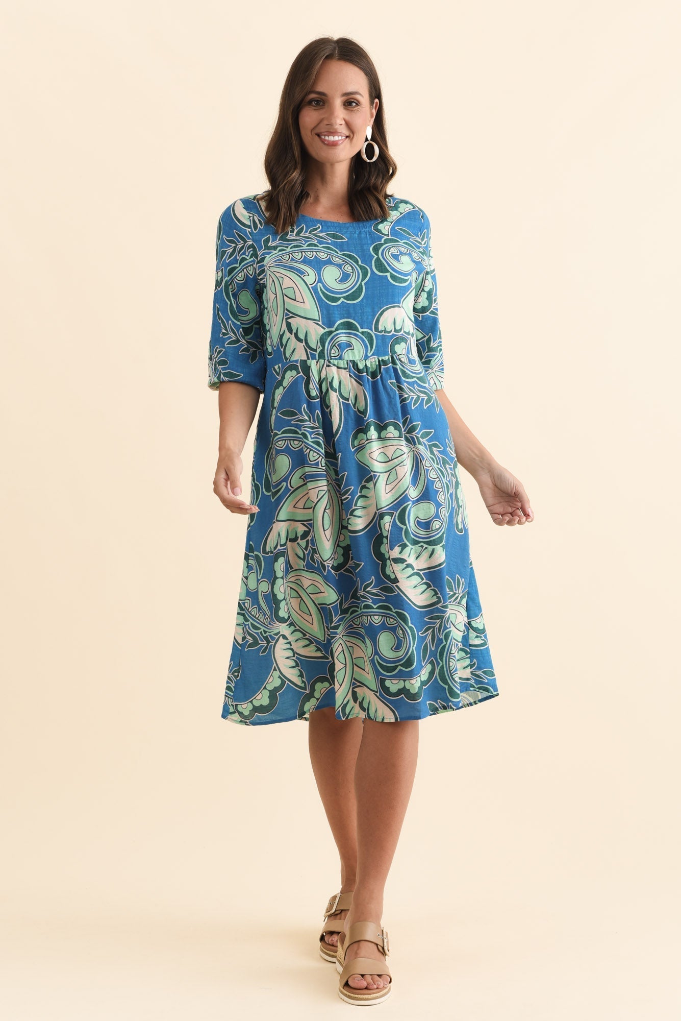 Nicolette Blue Paisley Cotton Blend Sleeved Dress Front View
