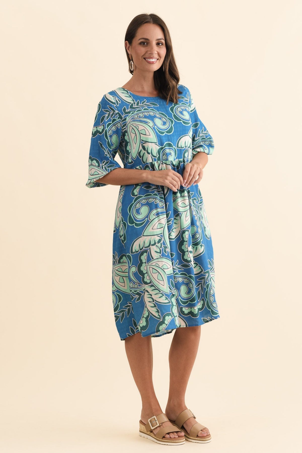 Nicolette Blue Paisley Cotton Blend Sleeved Dress Back View