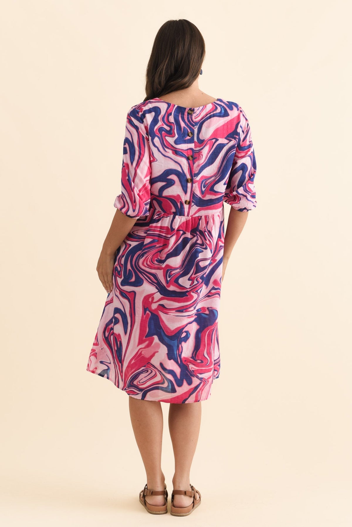 Nicolette Fuchsia Swirl Cotton Blend Sleeved Dress Side View
