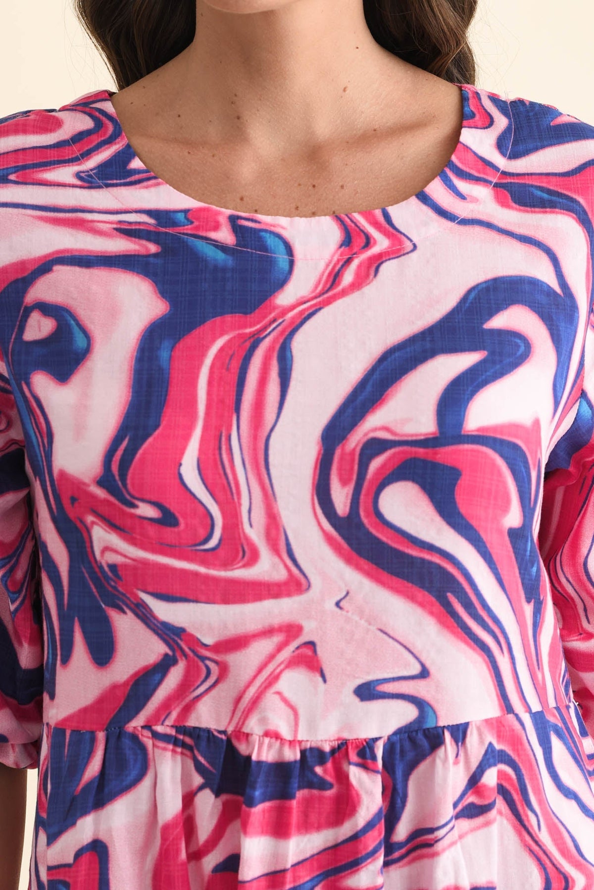 Nicolette Fuchsia Swirl Cotton Blend Sleeved Dress Detail View
