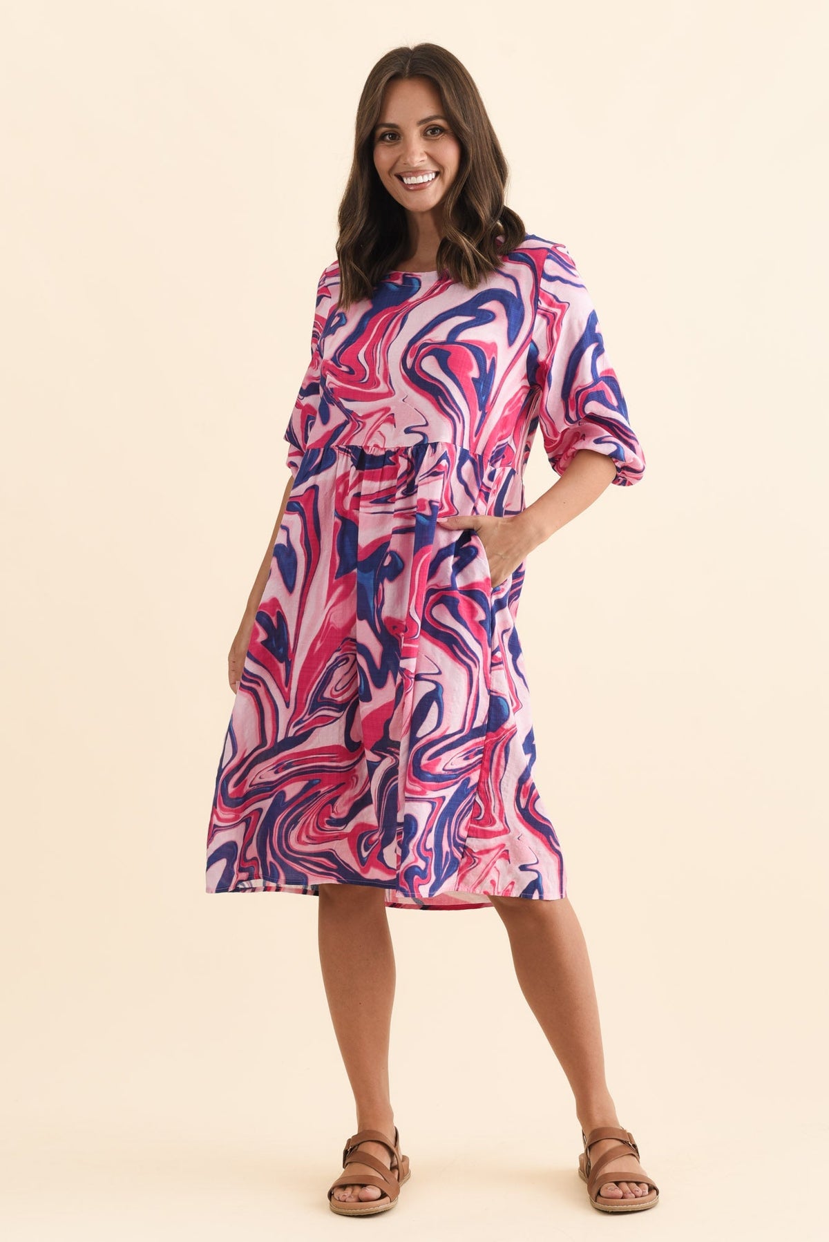 Nicolette Fuchsia Swirl Cotton Blend Sleeved Dress Full Length View