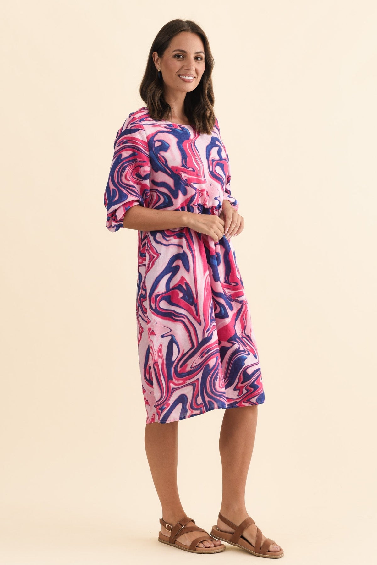 Nicolette Fuchsia Swirl Cotton Blend Sleeved Dress Back View