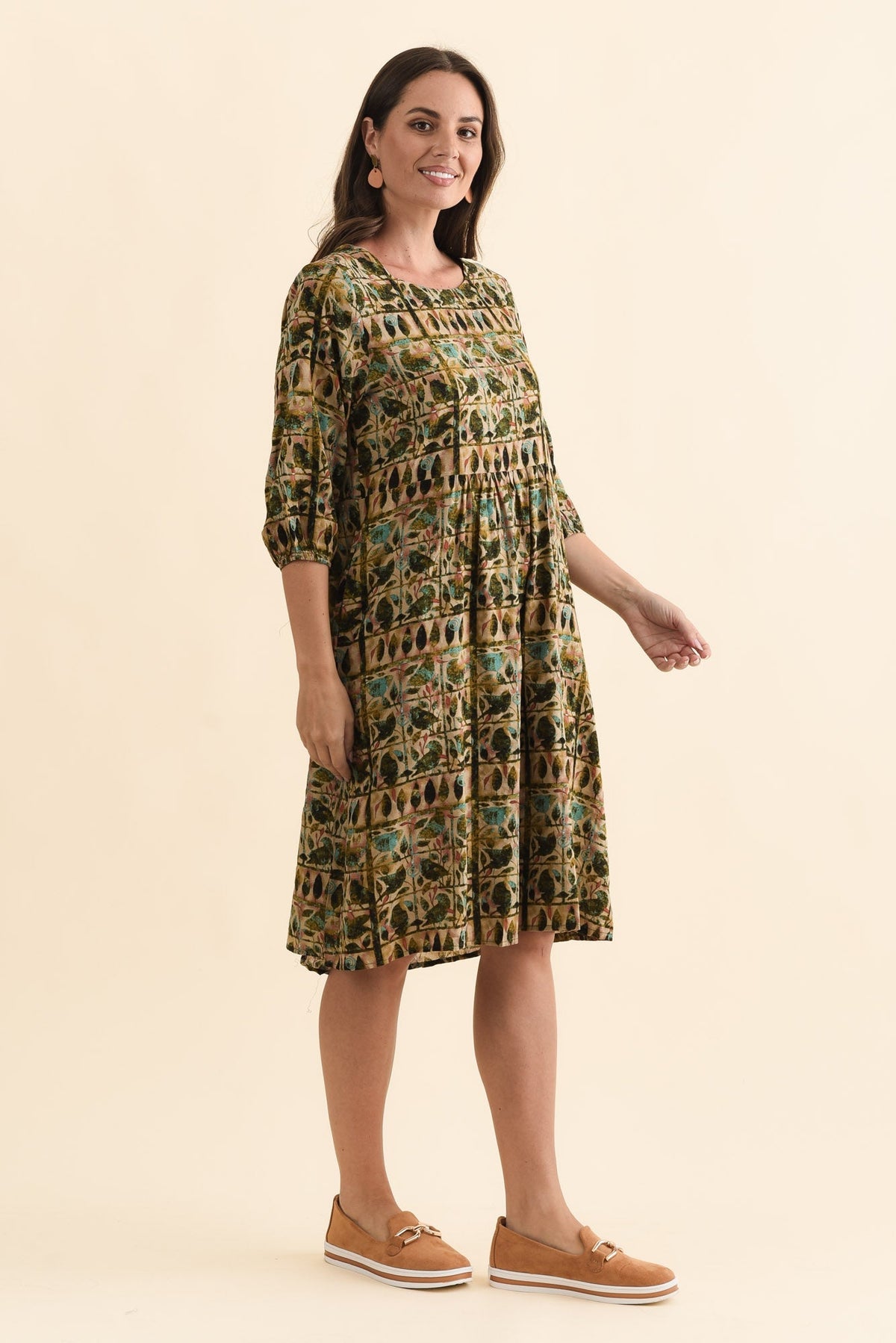 Nicolette Green Motif Cotton Blend Sleeved Dress Back View