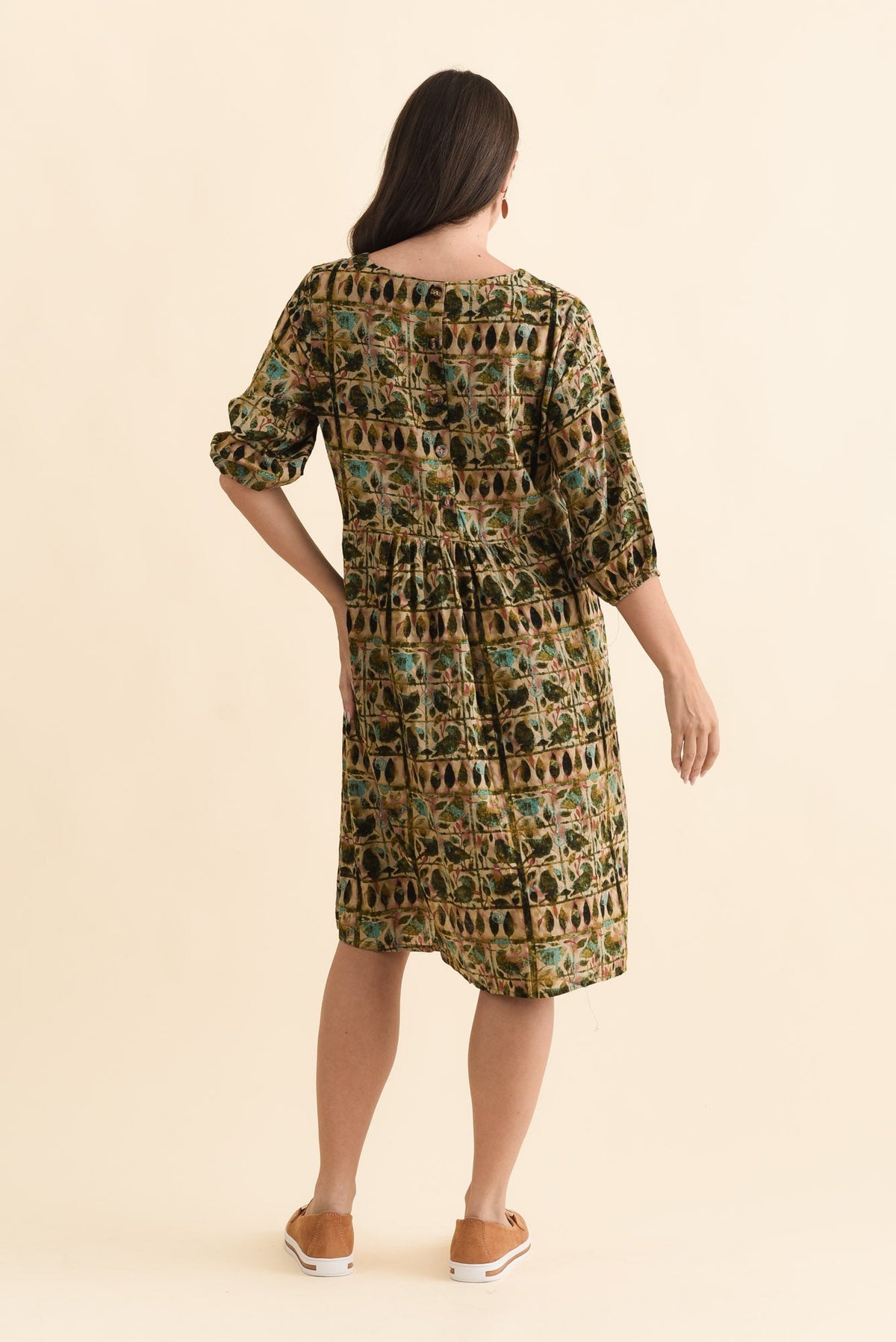 Nicolette Green Motif Cotton Blend Sleeved Dress Side View